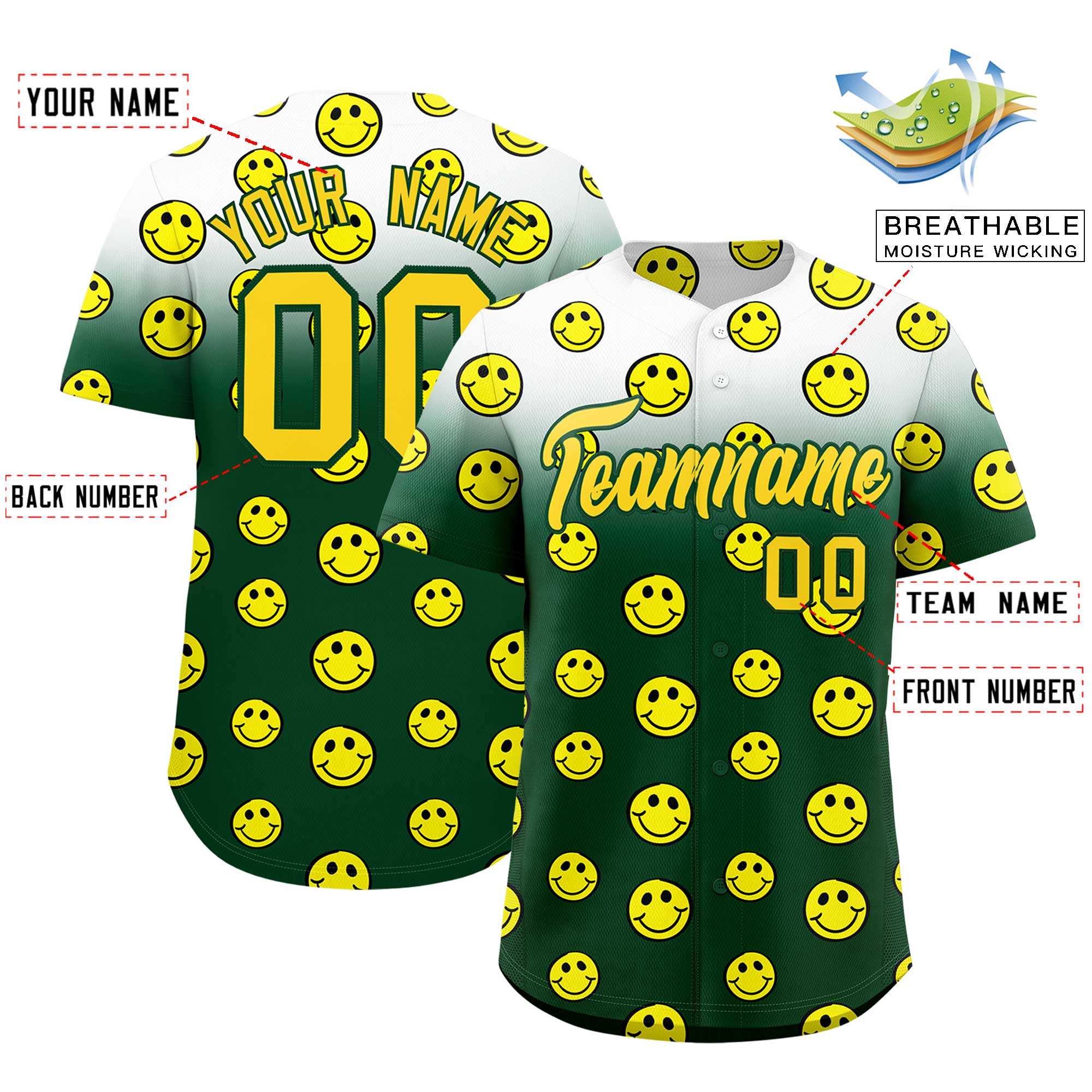 Custom White Green Graffiti Gradient Pattern Authentic Smile Baseball Jersey