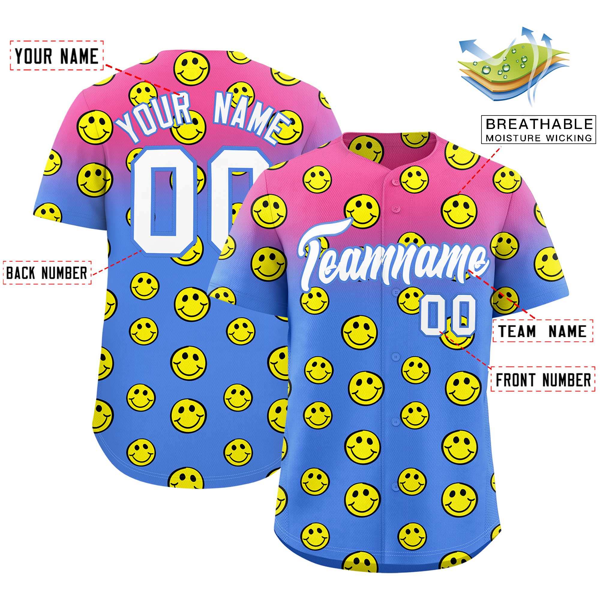 Custom Pink Light Blue Graffiti Gradient Pattern Authentic Smile Baseball Jersey