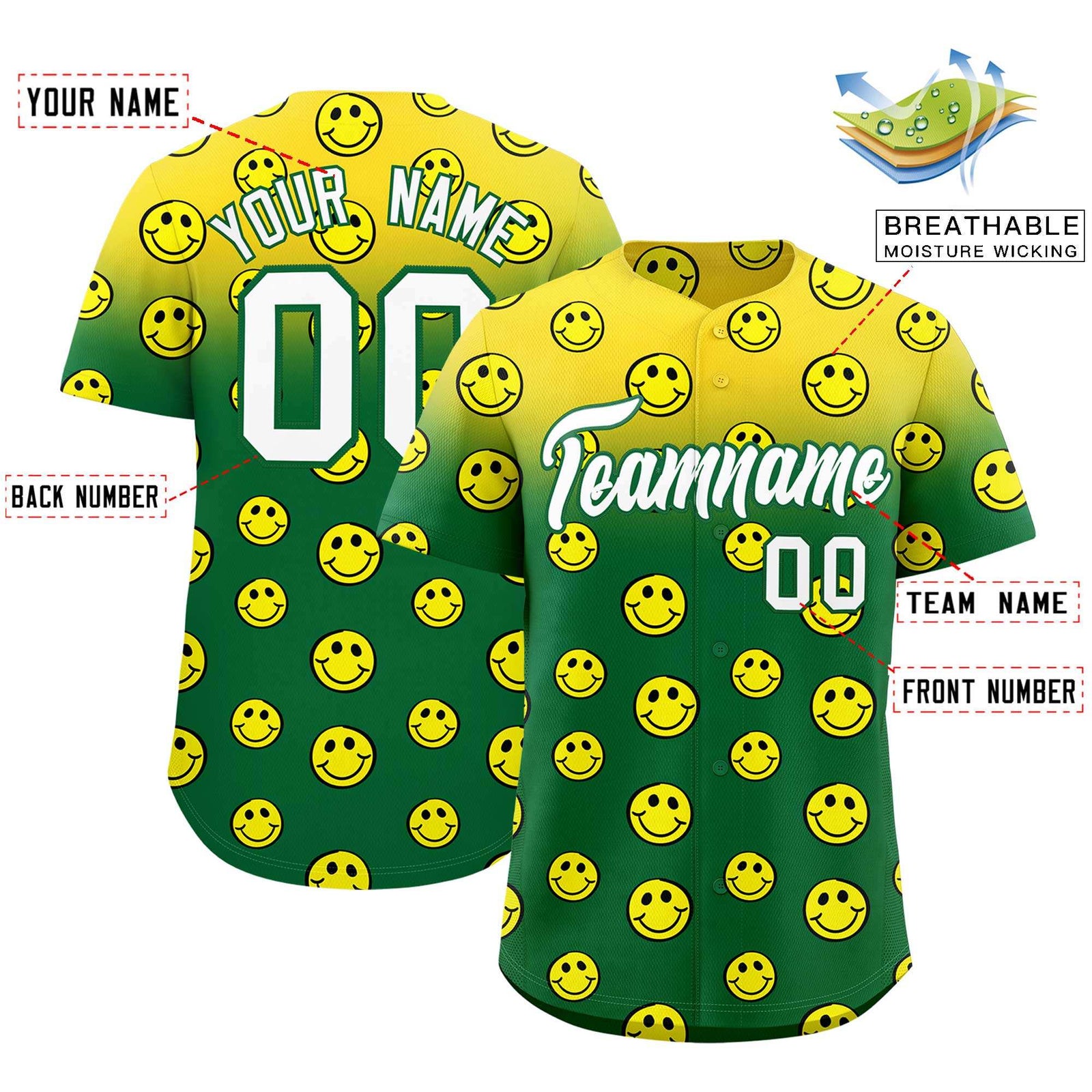 Custom Gold Kelly Green Graffiti Gradient Pattern Authentic Smile Baseball Jersey