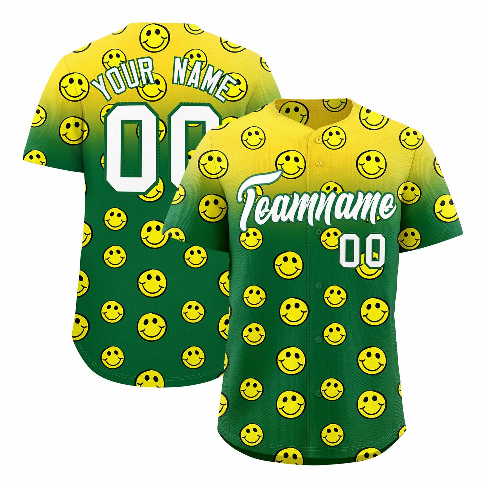 Custom Gold Kelly Green Graffiti Gradient Pattern Authentic Smile Baseball Jersey