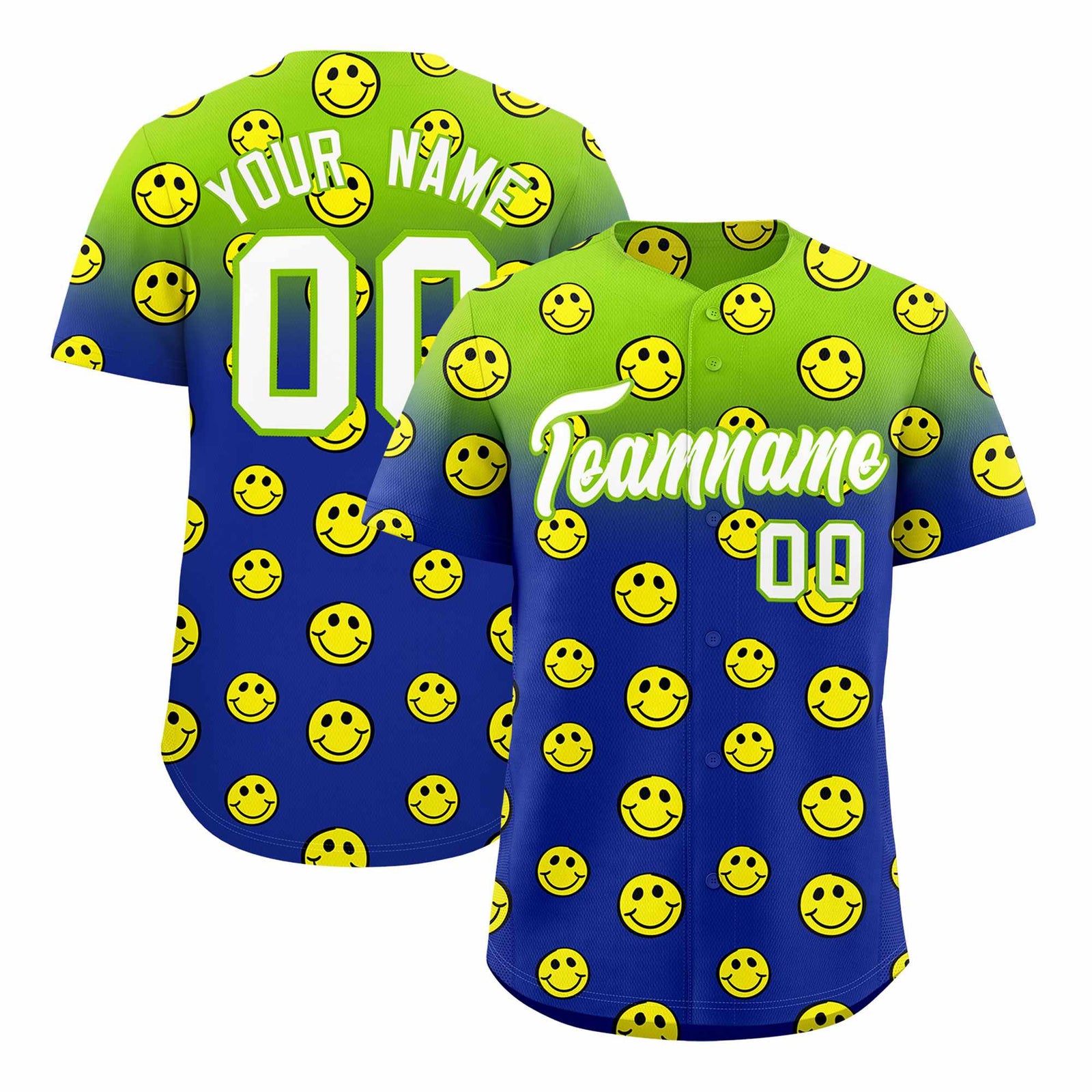 Custom Neon Green Royal Graffiti Gradient Pattern Authentic Smile Baseball Jersey