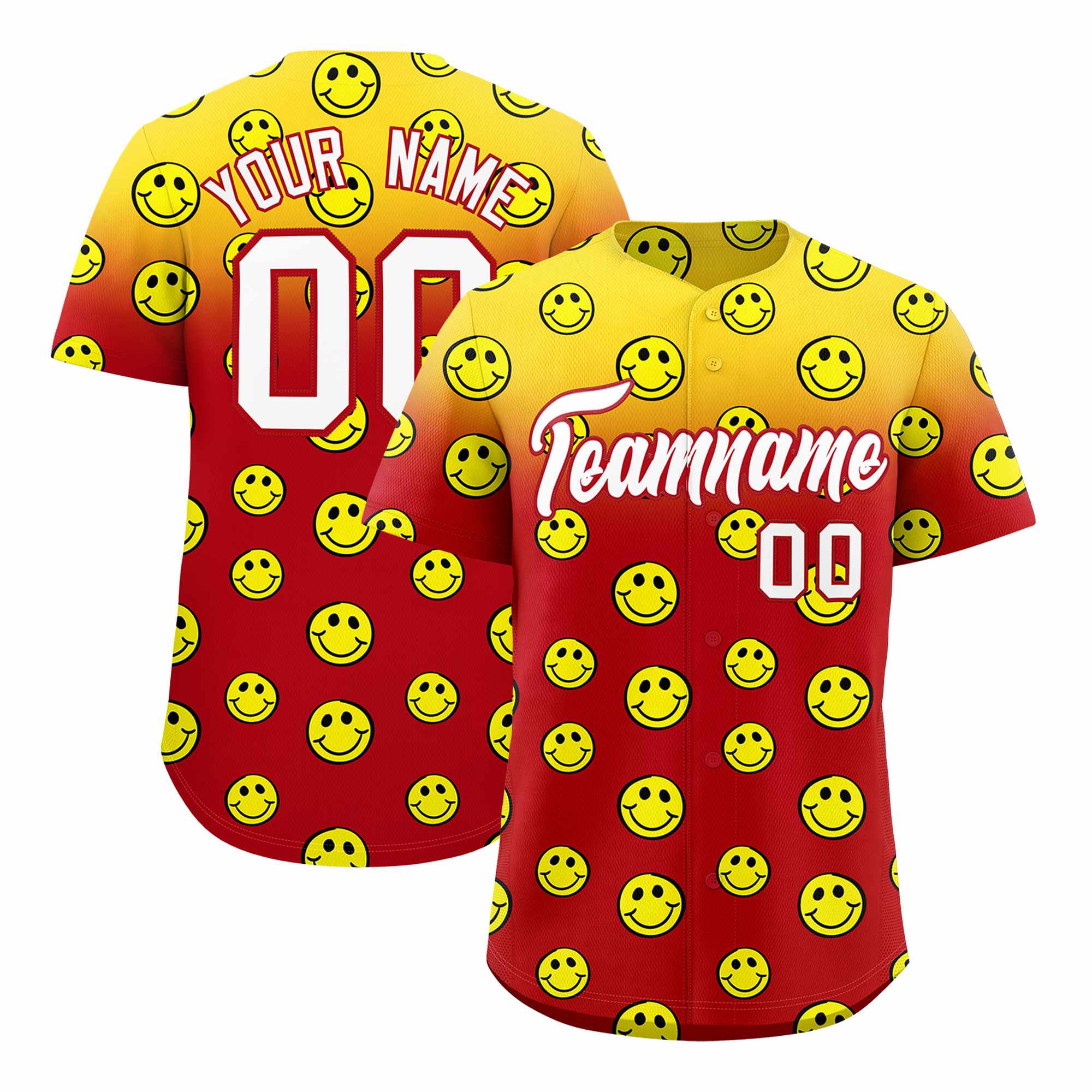 Custom Gold Red Graffiti Gradient Pattern Authentic Smile Baseball Jersey