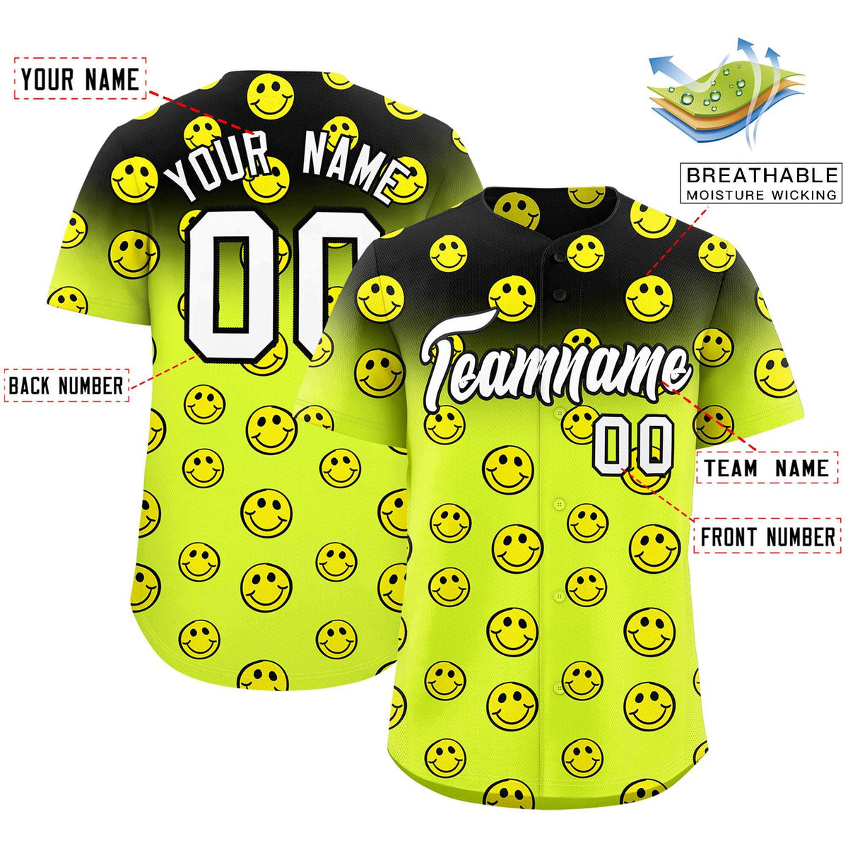 Custom Black Fluorescent Green Graffiti Gradient Pattern Authentic Smile Baseball Jersey