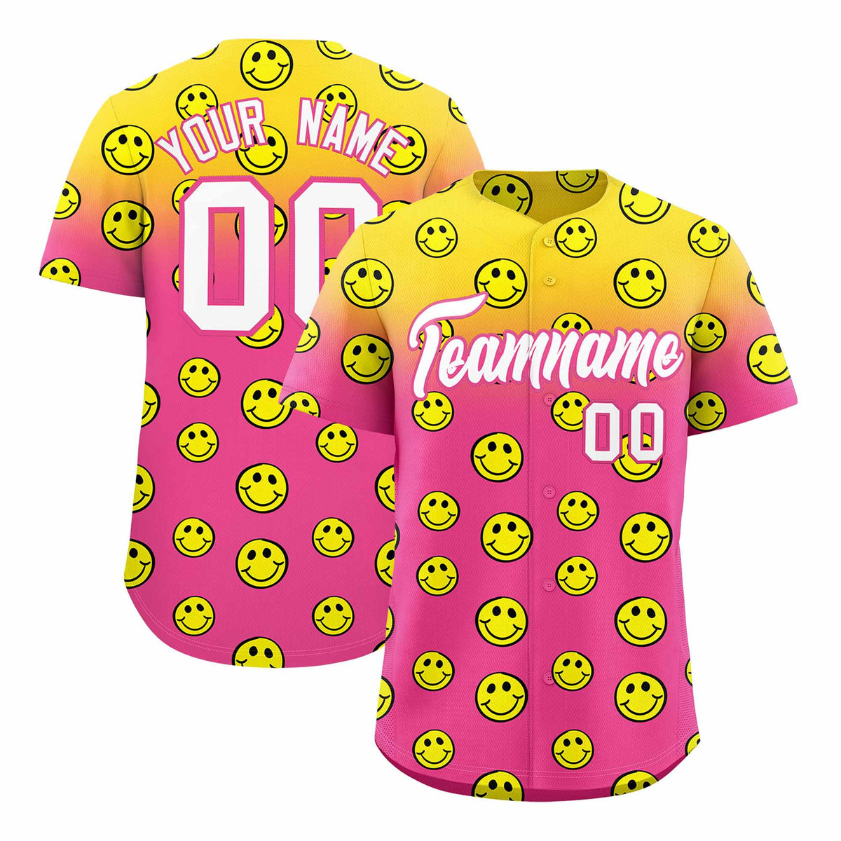 Custom Gold Pink Graffiti Gradient Pattern Authentic Smile Baseball Jersey