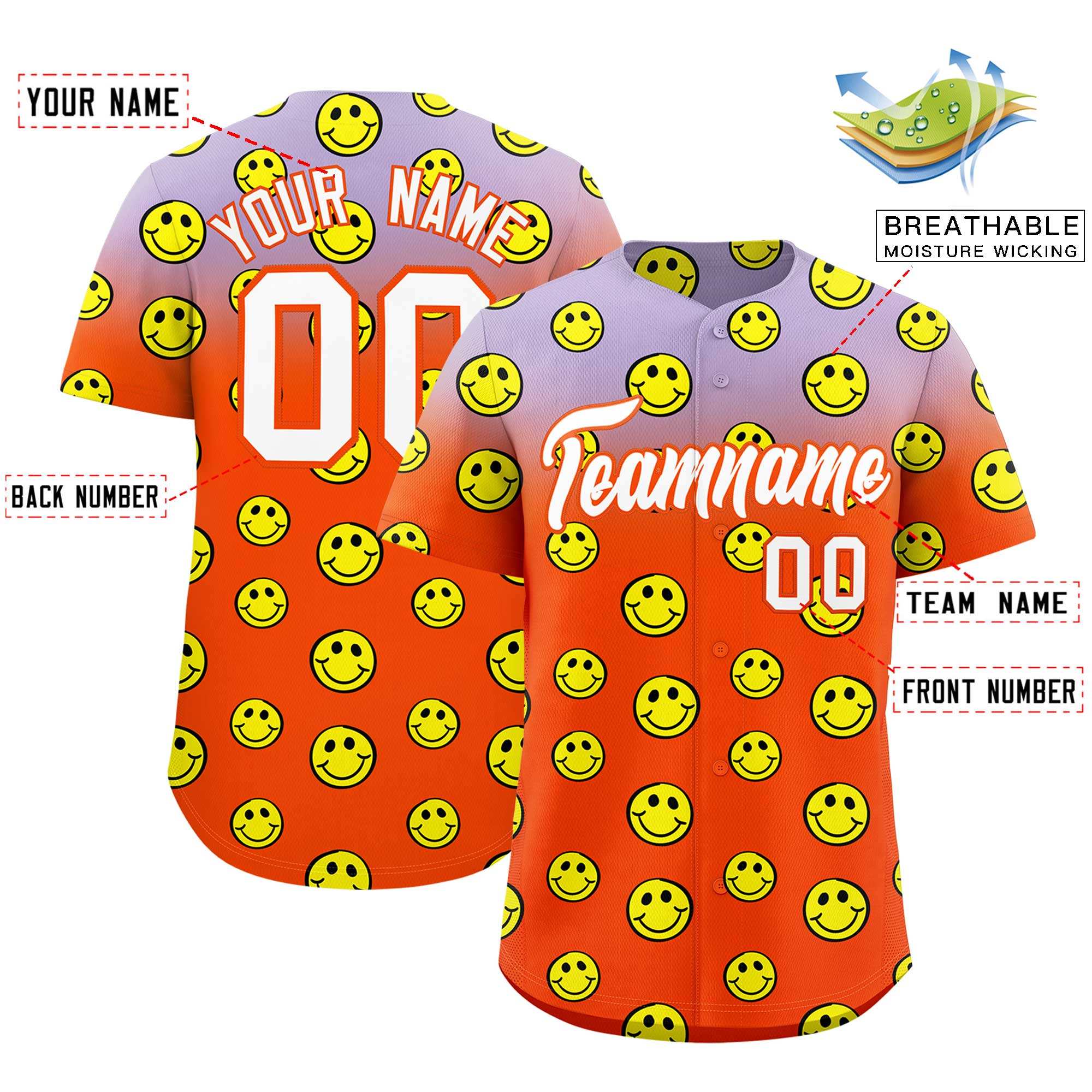 Custom Light Purple Orange Graffiti Gradient Pattern Authentic Smile Baseball Jersey