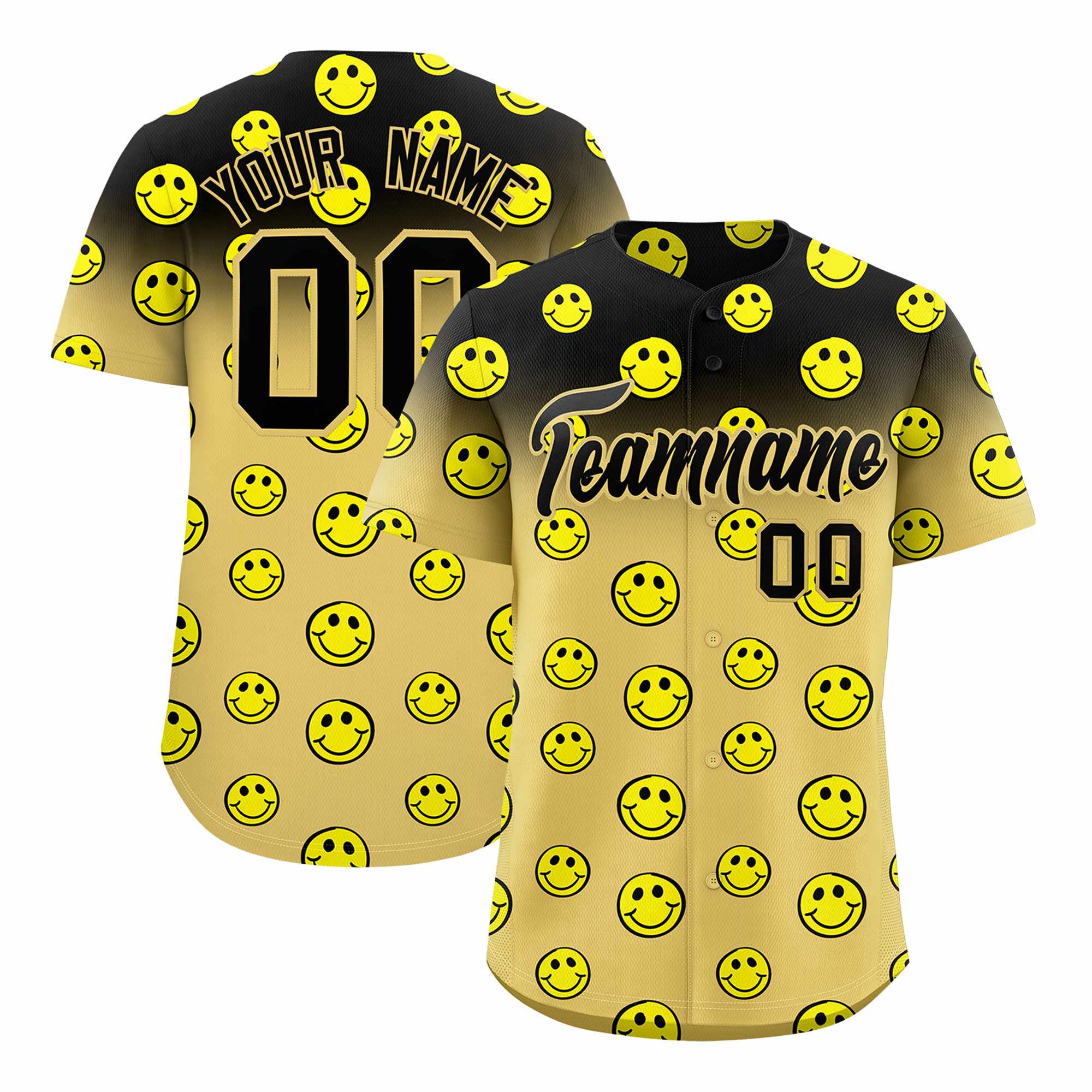 Custom Black Old Gold Graffiti Gradient Pattern Authentic Smile Baseball Jersey