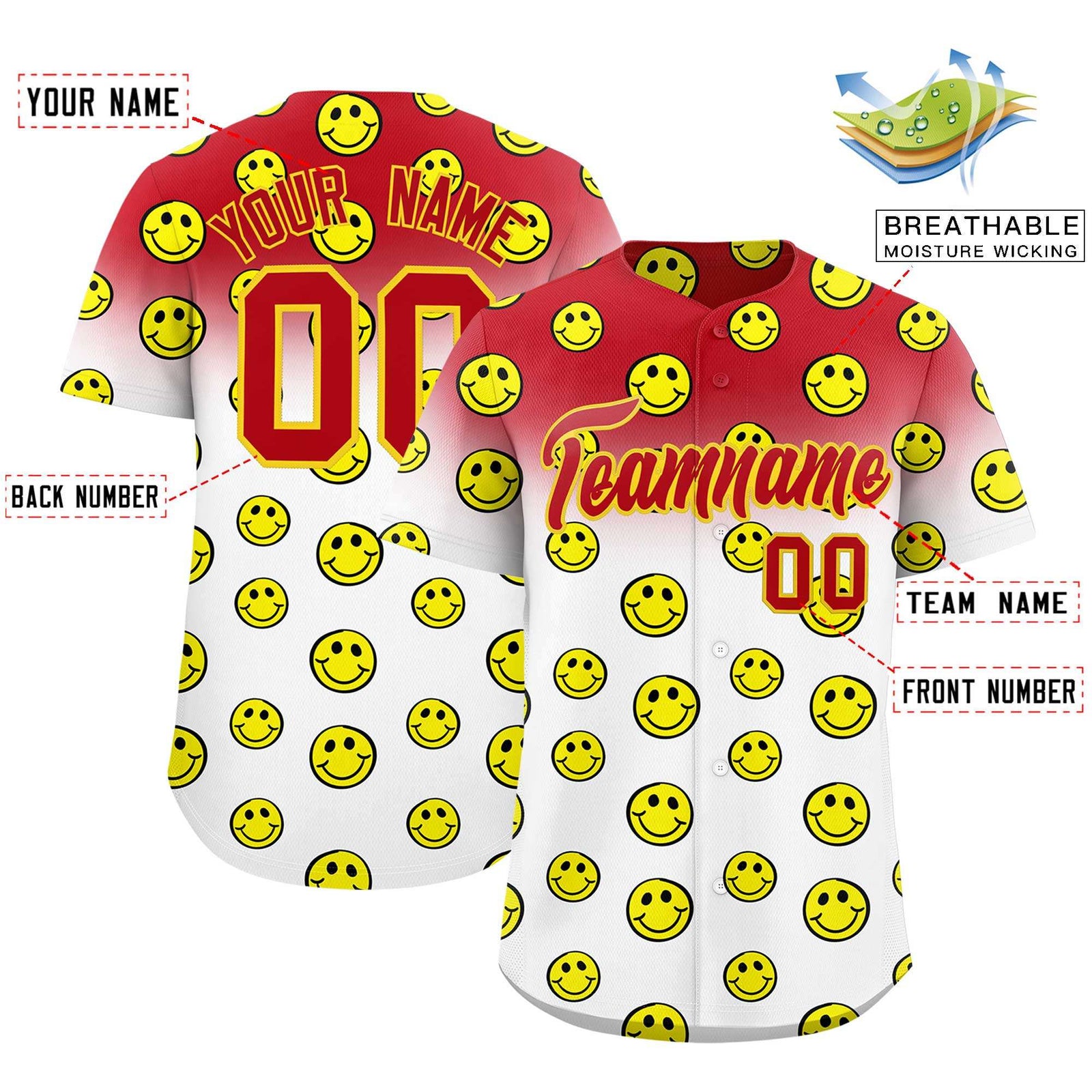 Custom Red White Graffiti Gradient Pattern Authentic Smile Baseball Jersey