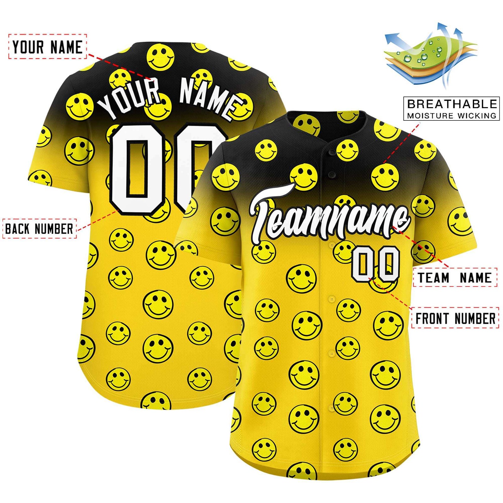 Custom Black Gold Graffiti Gradient Pattern Authentic Smile Baseball Jersey