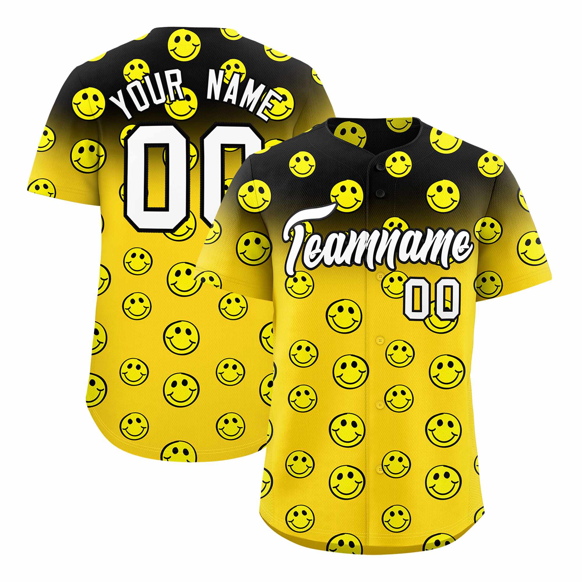 Custom Black Gold Graffiti Gradient Pattern Authentic Smile Baseball Jersey