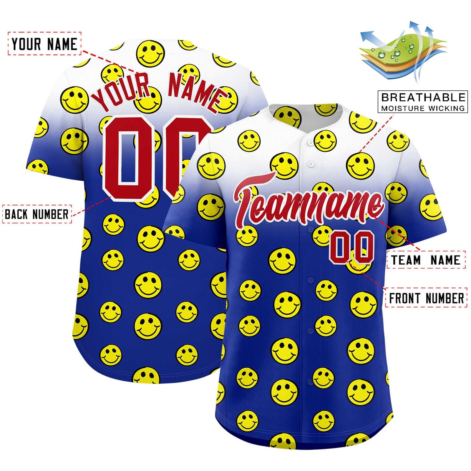 Custom White Royal Graffiti Gradient Pattern Authentic Smile Baseball Jersey
