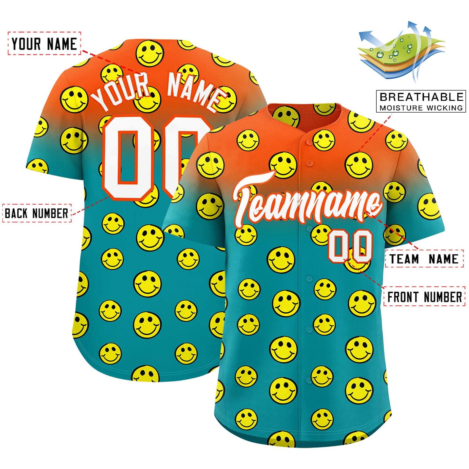 Custom Orange Aqua Graffiti Gradient Pattern Authentic Smile Baseball Jersey
