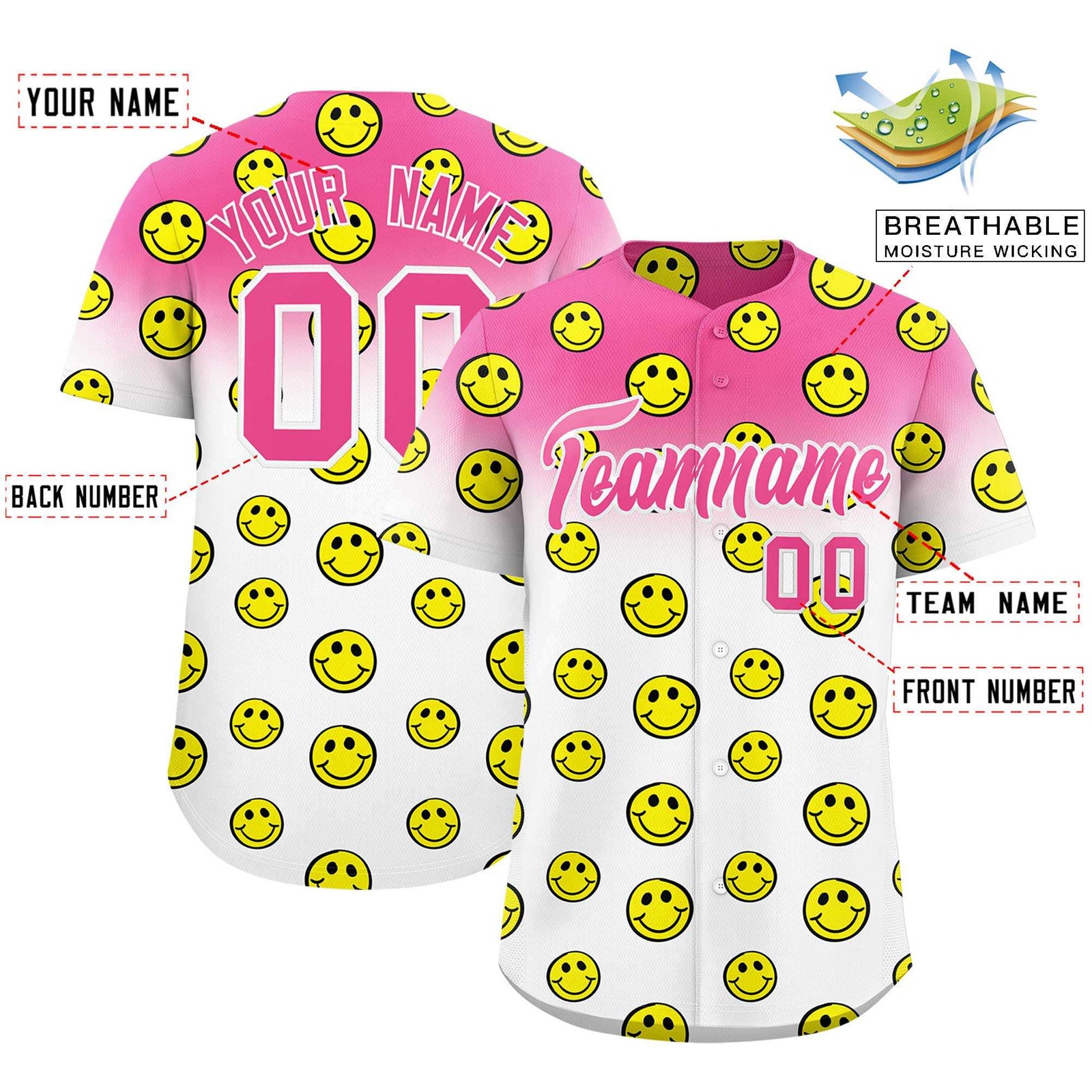 Custom Pink White Graffiti Gradient Pattern Authentic Smile Baseball Jersey