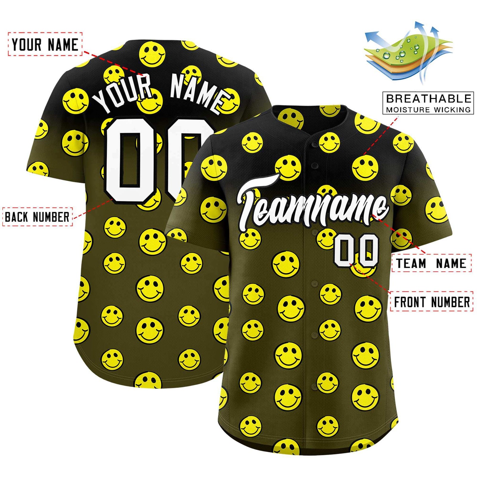 Custom Black Olive Graffiti Gradient Pattern Authentic Smile Baseball Jersey