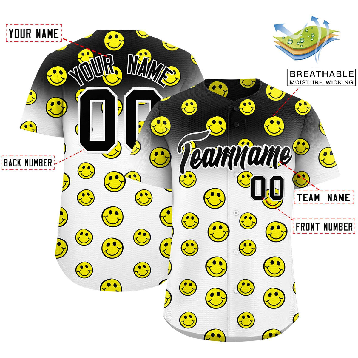 Custom Black White Graffiti Gradient Pattern Authentic Smile Baseball Jersey