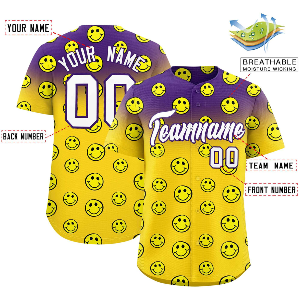 Custom Purple Gold Graffiti Gradient Pattern Authentic Smile Baseball Jersey