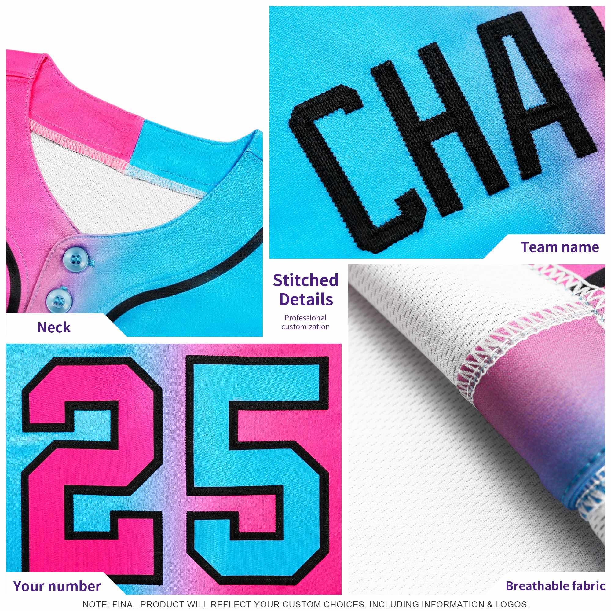 Custom Pink Aqua Graffiti Gradient Pattern Authentic Smile Baseball Jersey