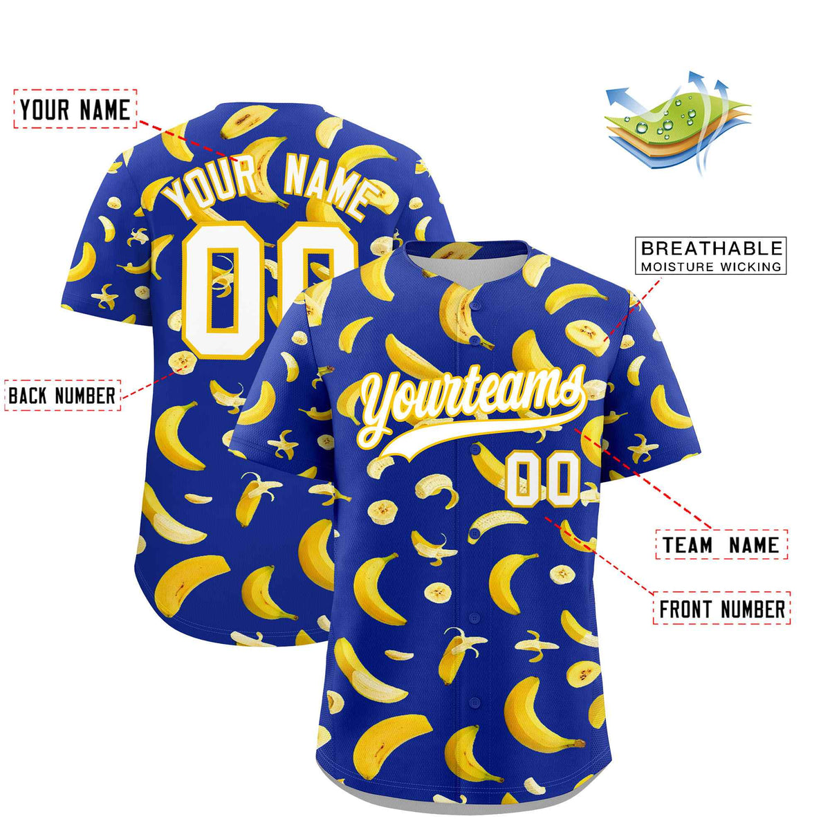 Custom Royal Blue Banana Graffiti Pattern Fashion Authentic Baseball Jersey | Graffiti Pattern | Embroidery&amp;Dye-sublimation printing | KXKSHOP