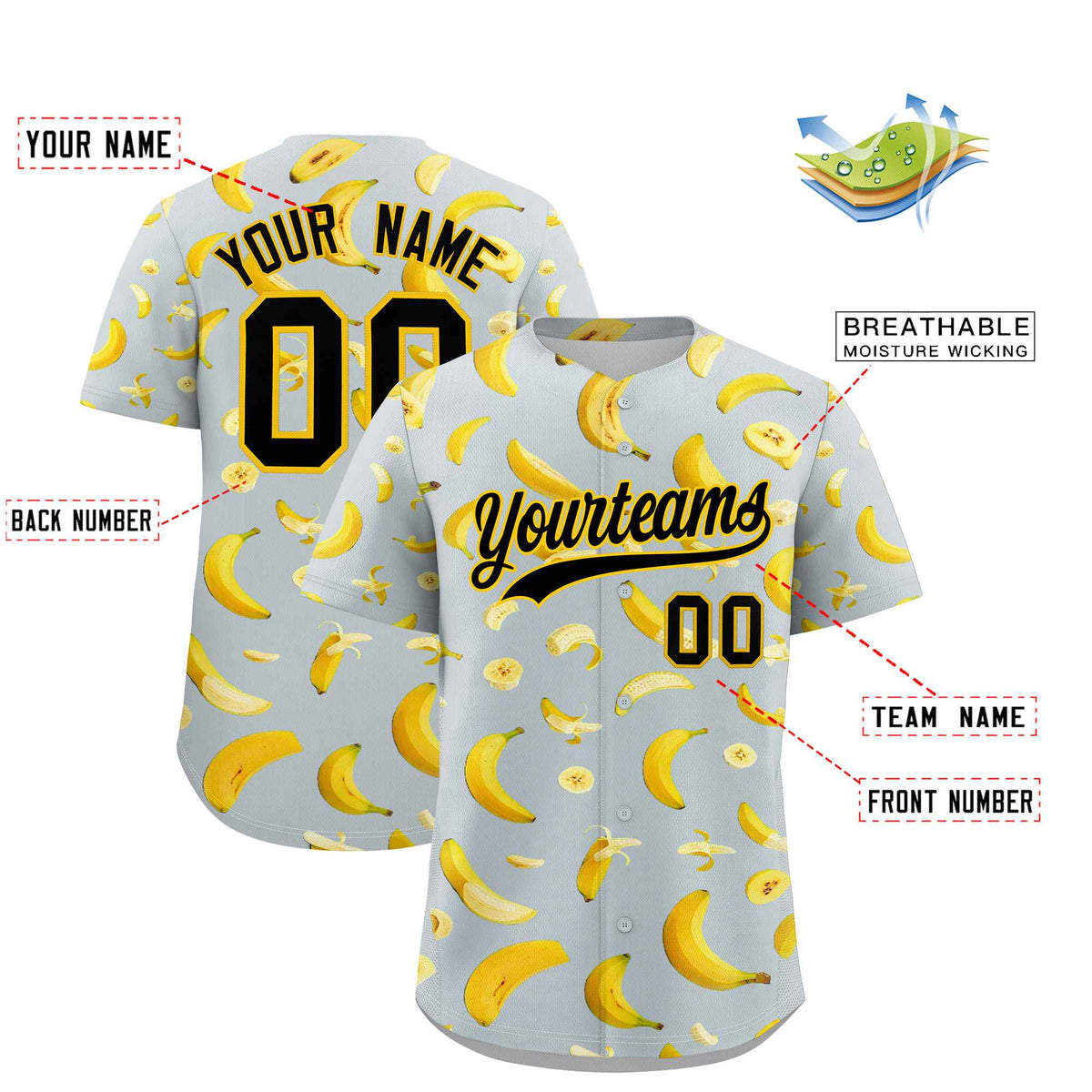 Custom Silver Banana Graffiti Pattern Fashion Authentic Baseball Jersey | Graffiti Pattern | Embroidery&amp;Dye-sublimation printing | KXKSHOP