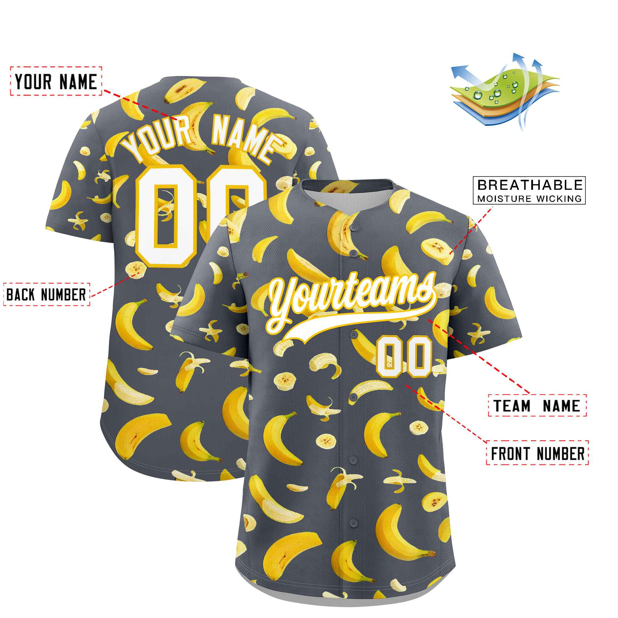 Custom Gray Banana Graffiti Pattern Fashion Authentic Baseball Jersey | Graffiti Pattern | Embroidery&Dye-sublimation printing | KXKSHOP