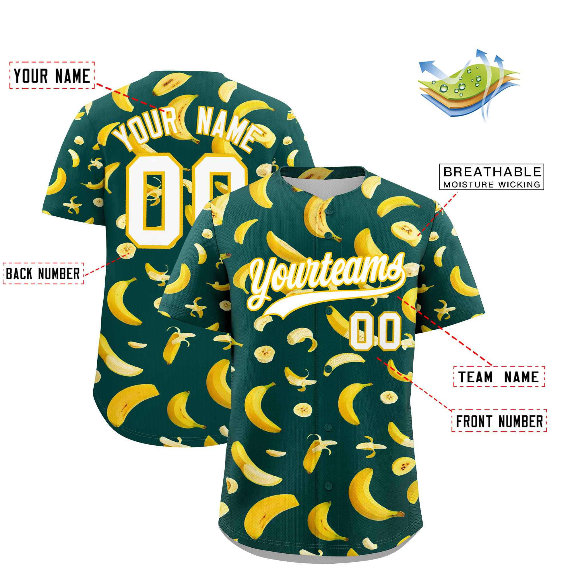Custom Midnight Green Banana Graffiti Pattern Fashion Authentic Baseball Jersey | Graffiti Pattern | Embroidery&Dye-sublimation printing | KXKSHOP