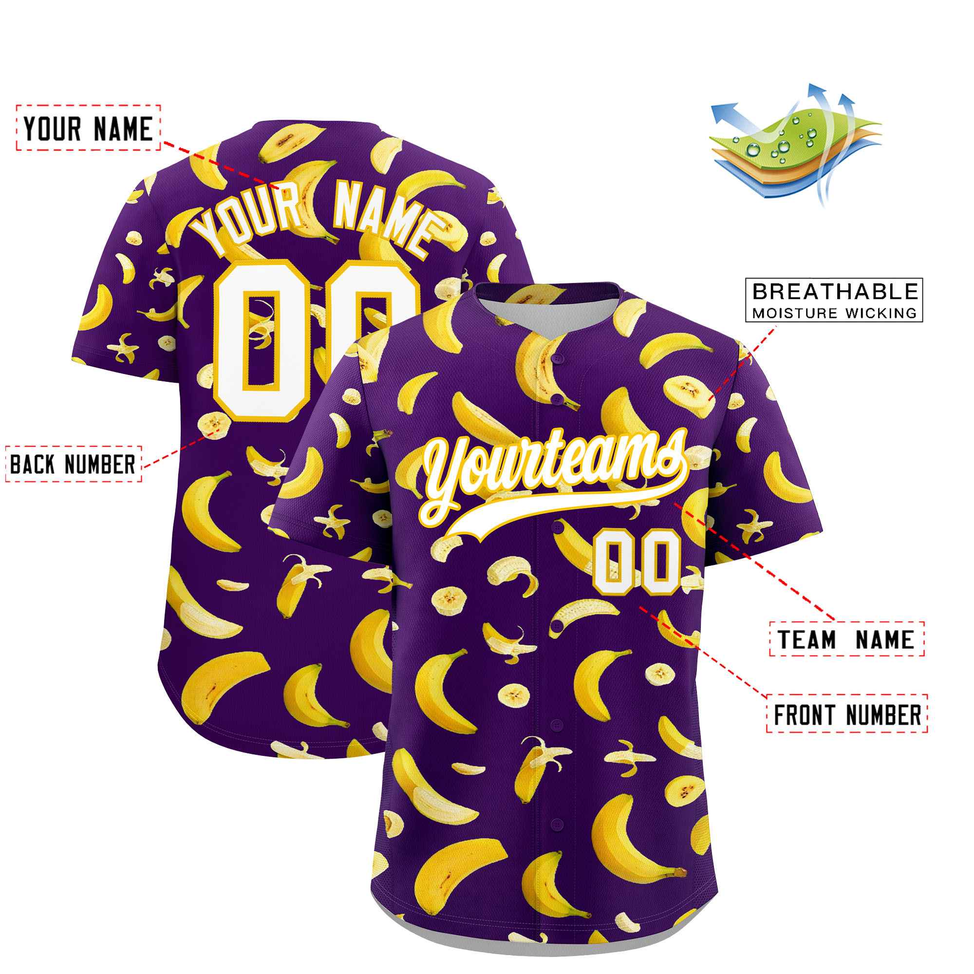 Custom Purple-02 Banana Graffiti Pattern Fashion Authentic Baseball Jersey | Graffiti Pattern | Embroidery&Dye-sublimation printing | KXKSHOP