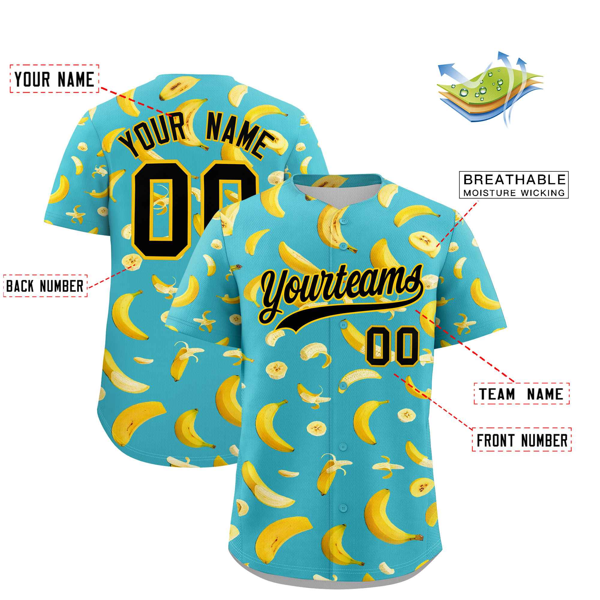 Custom Teal Banana Graffiti Pattern Fashion Authentic Baseball Jersey | Graffiti Pattern | Embroidery&Dye-sublimation printing | KXKSHOP