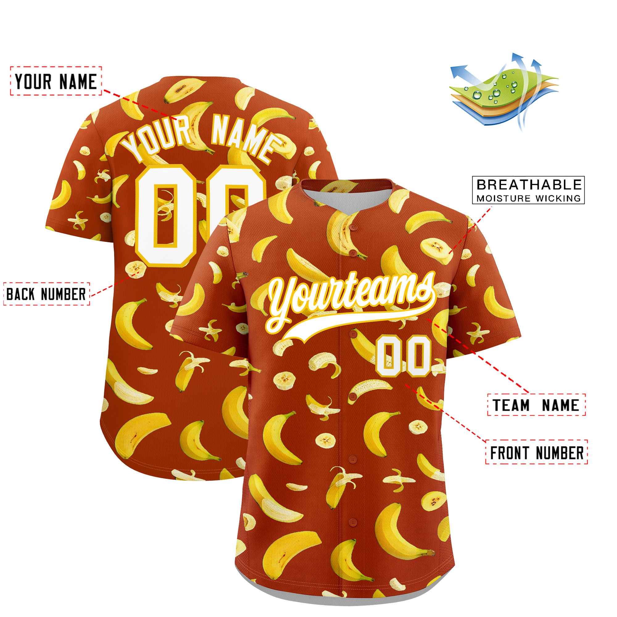 Custom Dark Orange Banana Graffiti Pattern Fashion Authentic Baseball Jersey | Graffiti Pattern | Embroidery&Dye-sublimation printing | KXKSHOP
