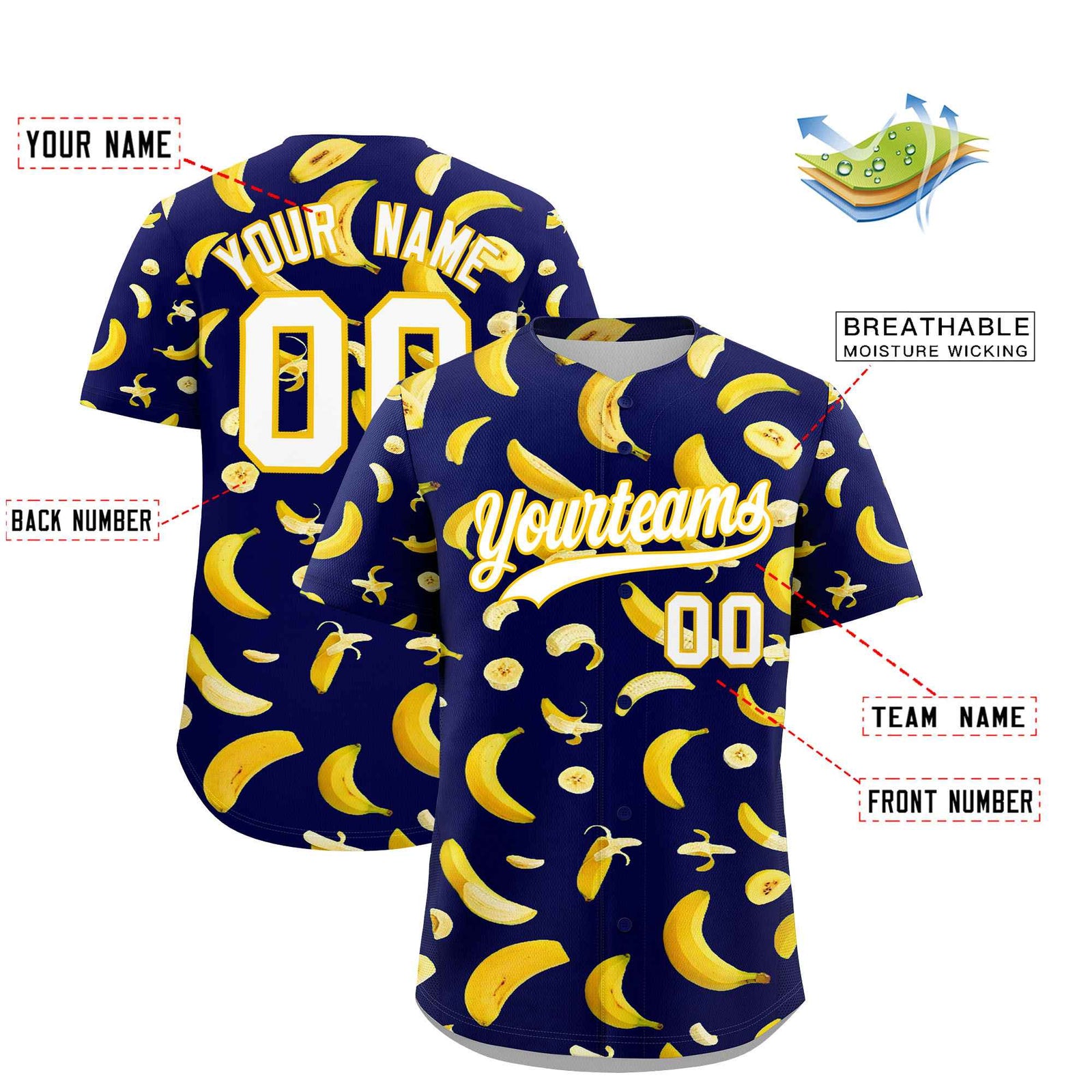 Custom Dark Blue Banana Graffiti Pattern Fashion Authentic Baseball Jersey | Graffiti Pattern | Embroidery&Dye-sublimation printing | KXKSHOP