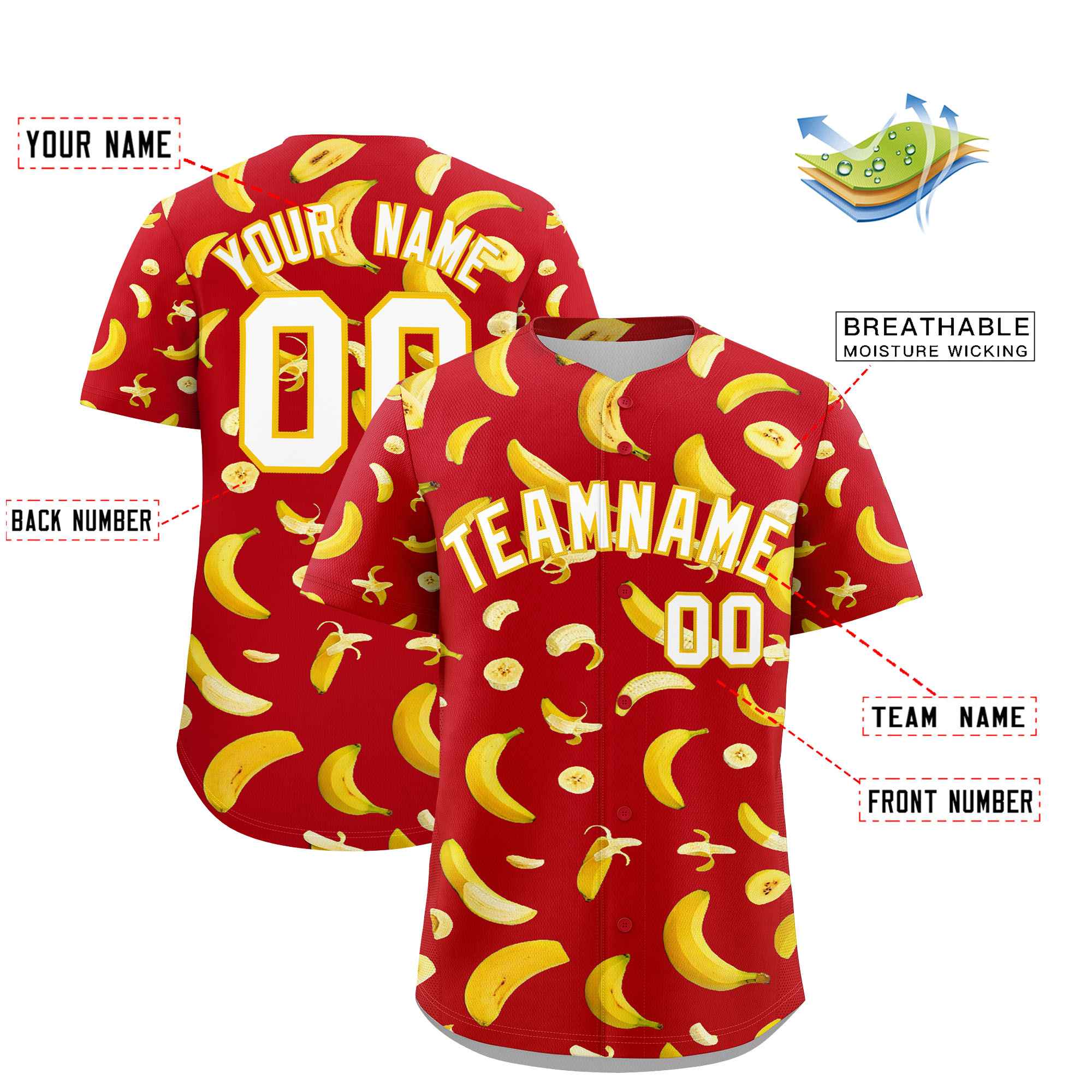 Custom Red Banana Graffiti Pattern Fashion Authentic Baseball Jersey | Graffiti Pattern | Embroidery&Dye-sublimation printing | KXKSHOP