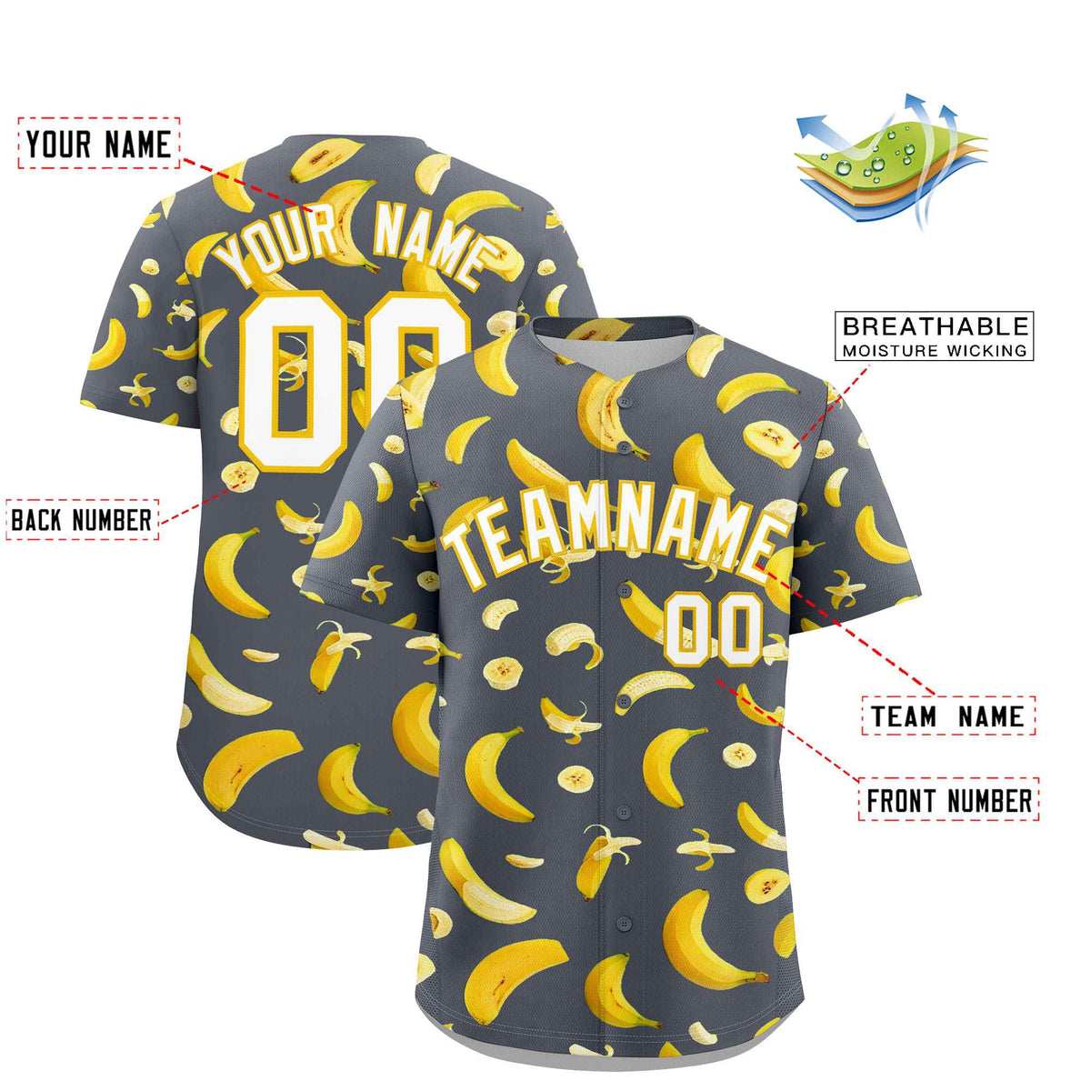 Custom Gray Banana Graffiti Pattern Fashion Authentic Baseball Jersey | Graffiti Pattern | Embroidery&Dye-sublimation printing | KXKSHOP