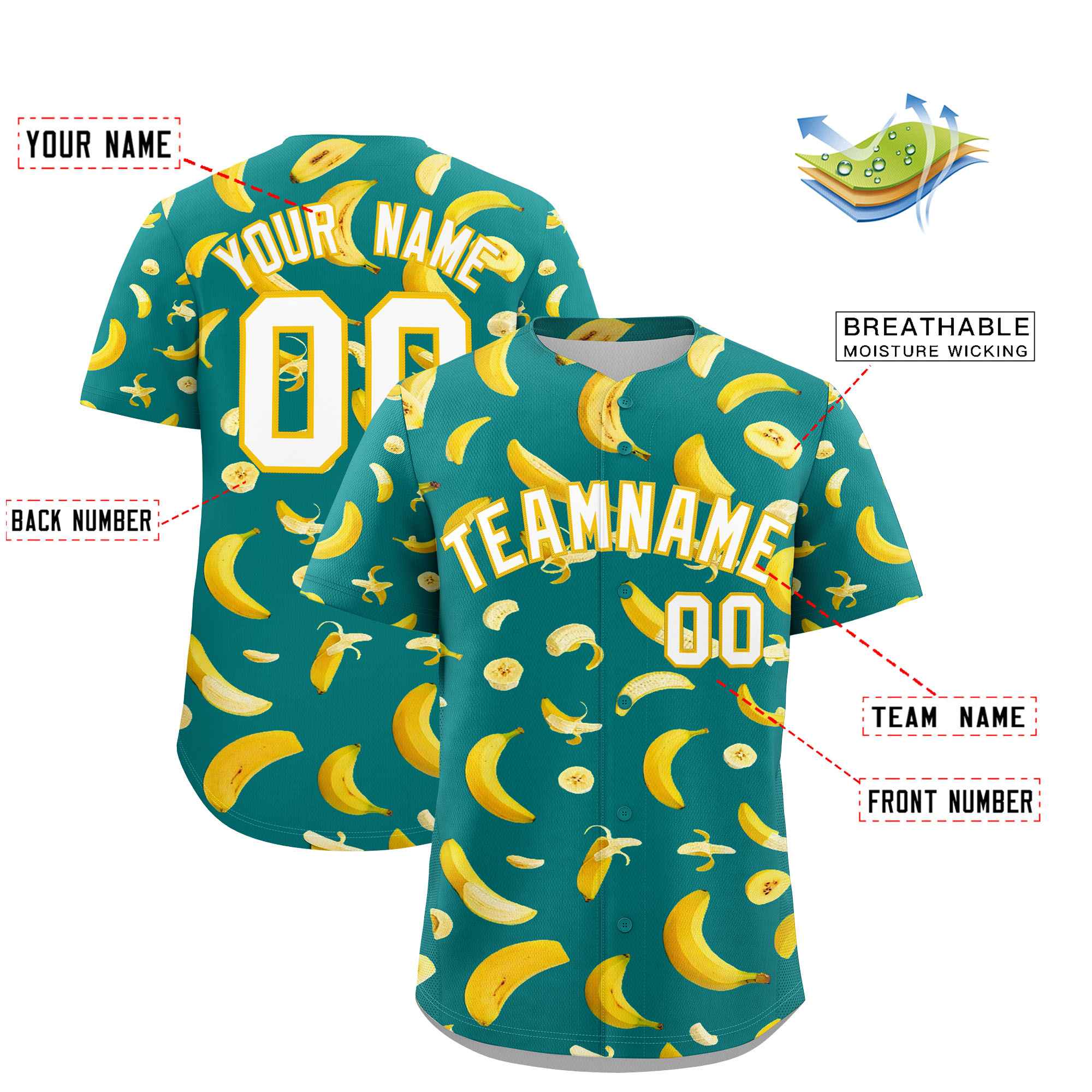 Custom Teal Banana Graffiti Pattern Fashion Authentic Baseball Jersey | Graffiti Pattern | Embroidery&Dye-sublimation printing | KXKSHOP