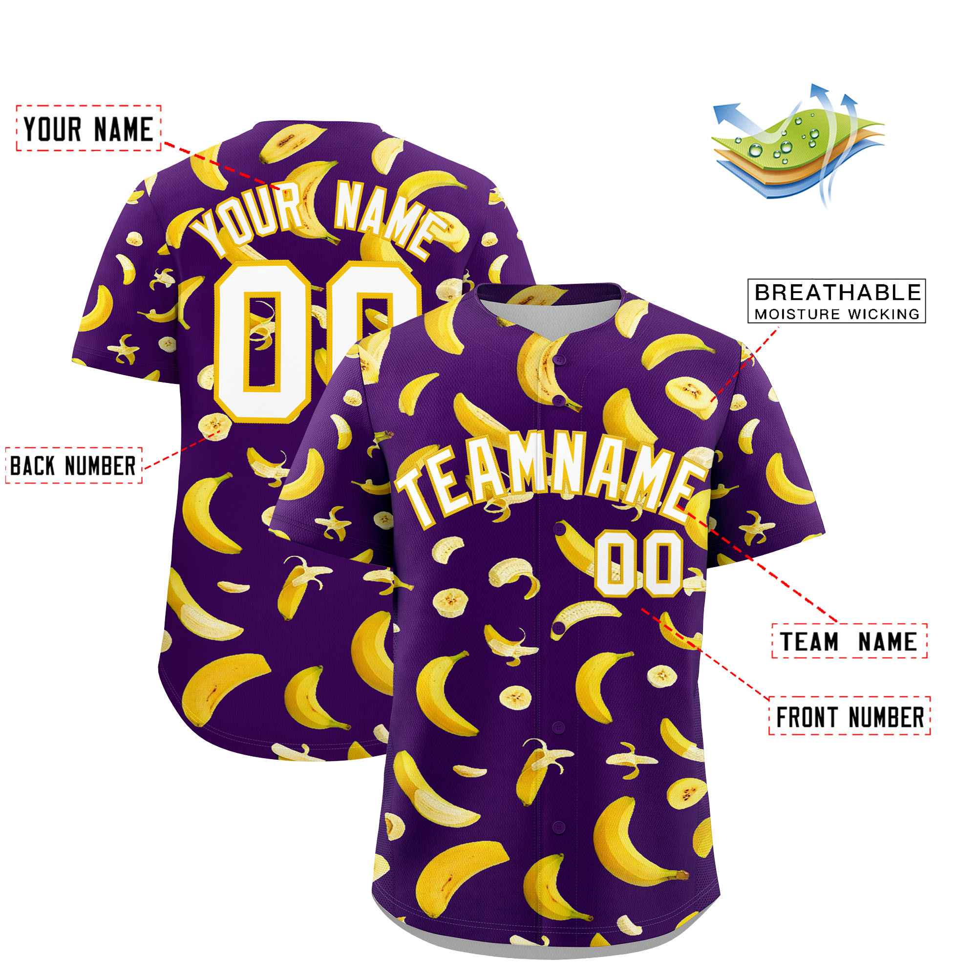Custom Purple-02 Banana Graffiti Pattern Fashion Authentic Baseball Jersey | Graffiti Pattern | Embroidery&Dye-sublimation printing | KXKSHOP