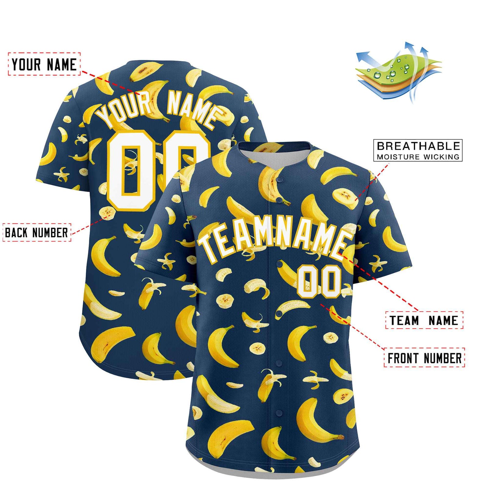 Custom Midnight Blue Banana Graffiti Pattern Fashion Authentic Baseball Jersey | Graffiti Pattern | Embroidery&Dye-sublimation printing | KXKSHOP