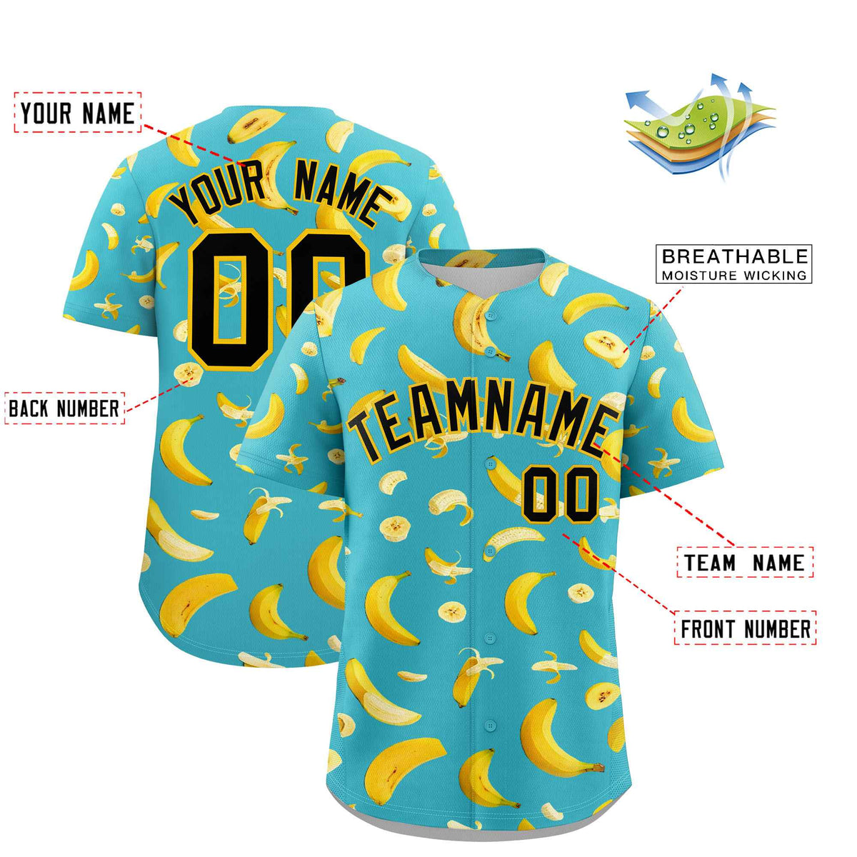 Custom Teal Banana Graffiti Pattern Fashion Authentic Baseball Jersey | Graffiti Pattern | Embroidery&amp;Dye-sublimation printing | KXKSHOP