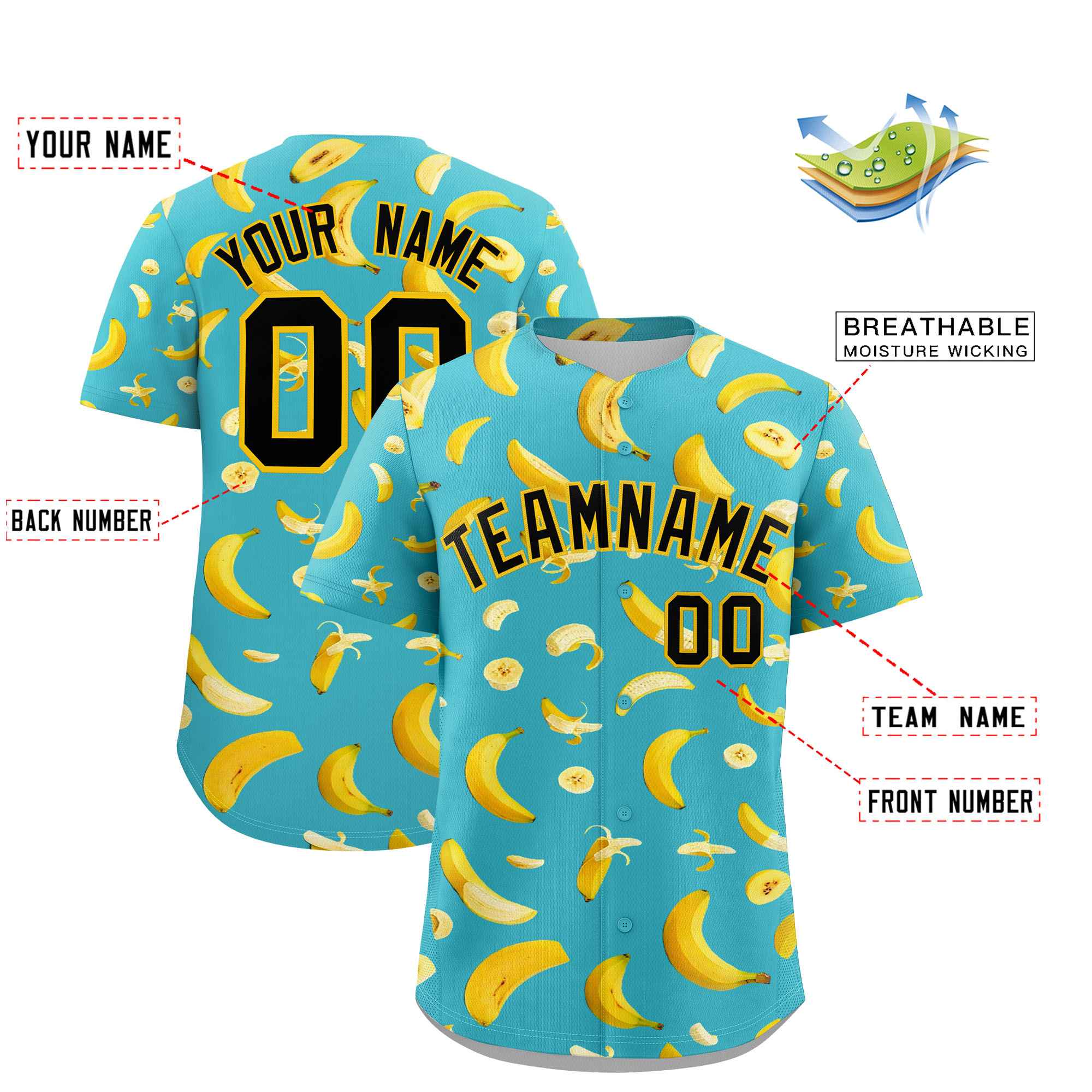 Custom Teal Banana Graffiti Pattern Fashion Authentic Baseball Jersey | Graffiti Pattern | Embroidery&Dye-sublimation printing | KXKSHOP