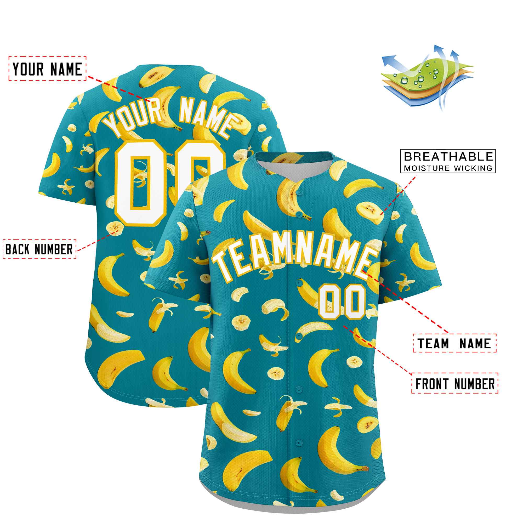 Custom Aqua Banana Graffiti Pattern Fashion Authentic Baseball Jersey | Graffiti Pattern | Embroidery&Dye-sublimation printing | KXKSHOP