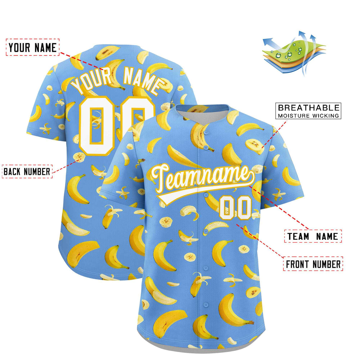 Custom Light Blue Banana Graffiti Pattern Fashion Authentic Baseball Jersey | Graffiti Pattern | Embroidery&amp;Dye-sublimation printing | KXKSHOP