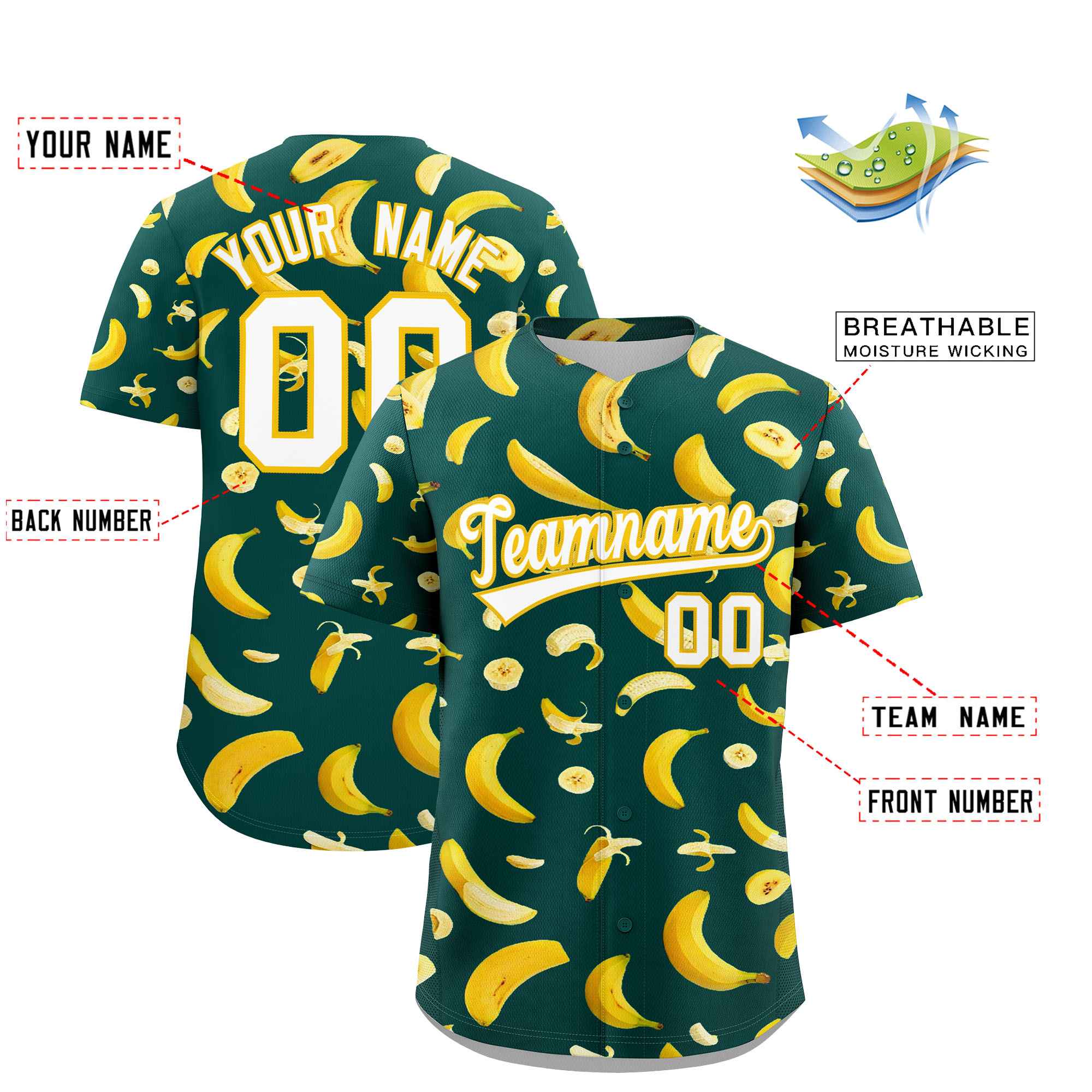 Custom Midnight Green Banana Graffiti Pattern Fashion Authentic Baseball Jersey | Graffiti Pattern | Embroidery&Dye-sublimation printing | KXKSHOP