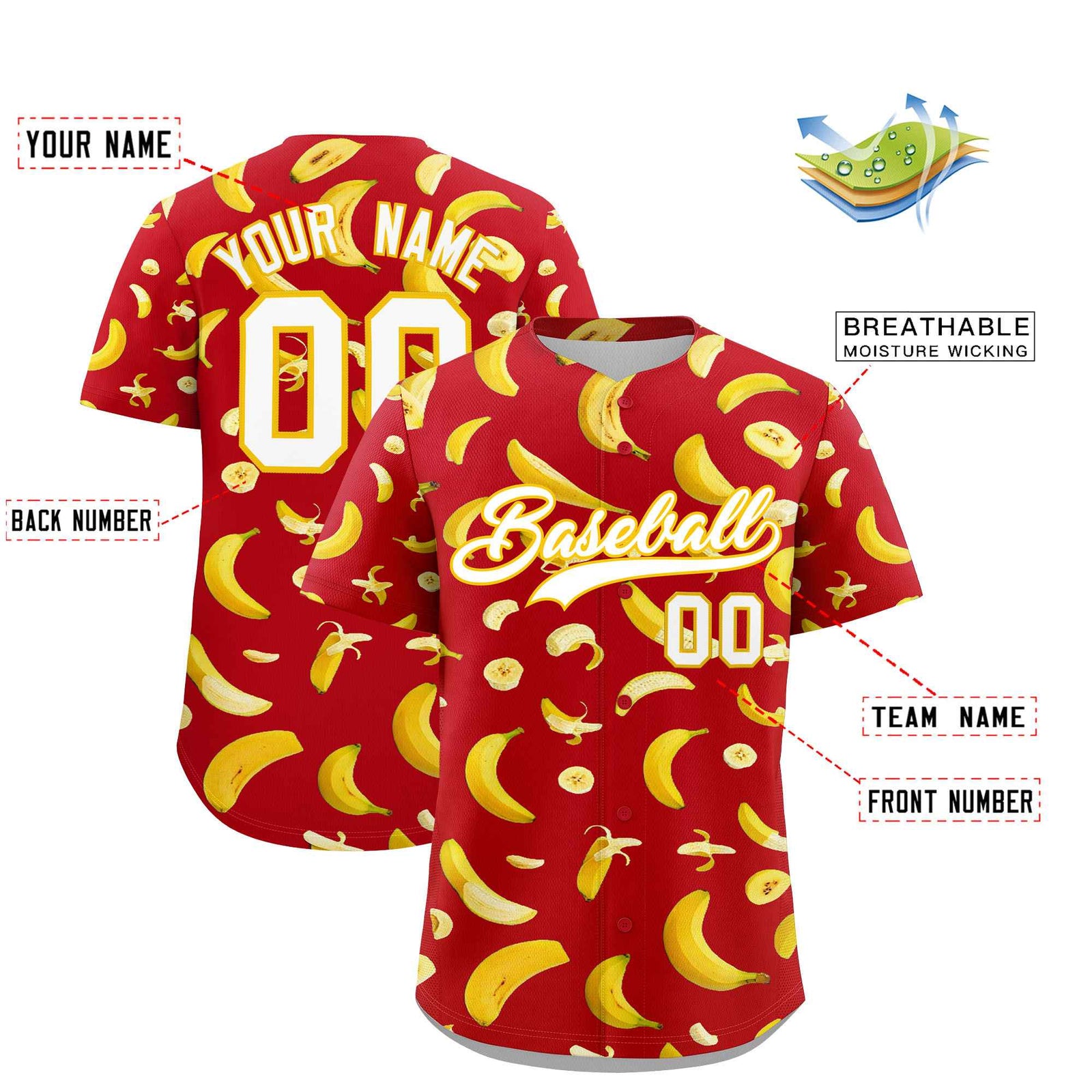 Custom Red Banana Graffiti Pattern Fashion Authentic Baseball Jersey | Graffiti Pattern | Embroidery&Dye-sublimation printing | KXKSHOP