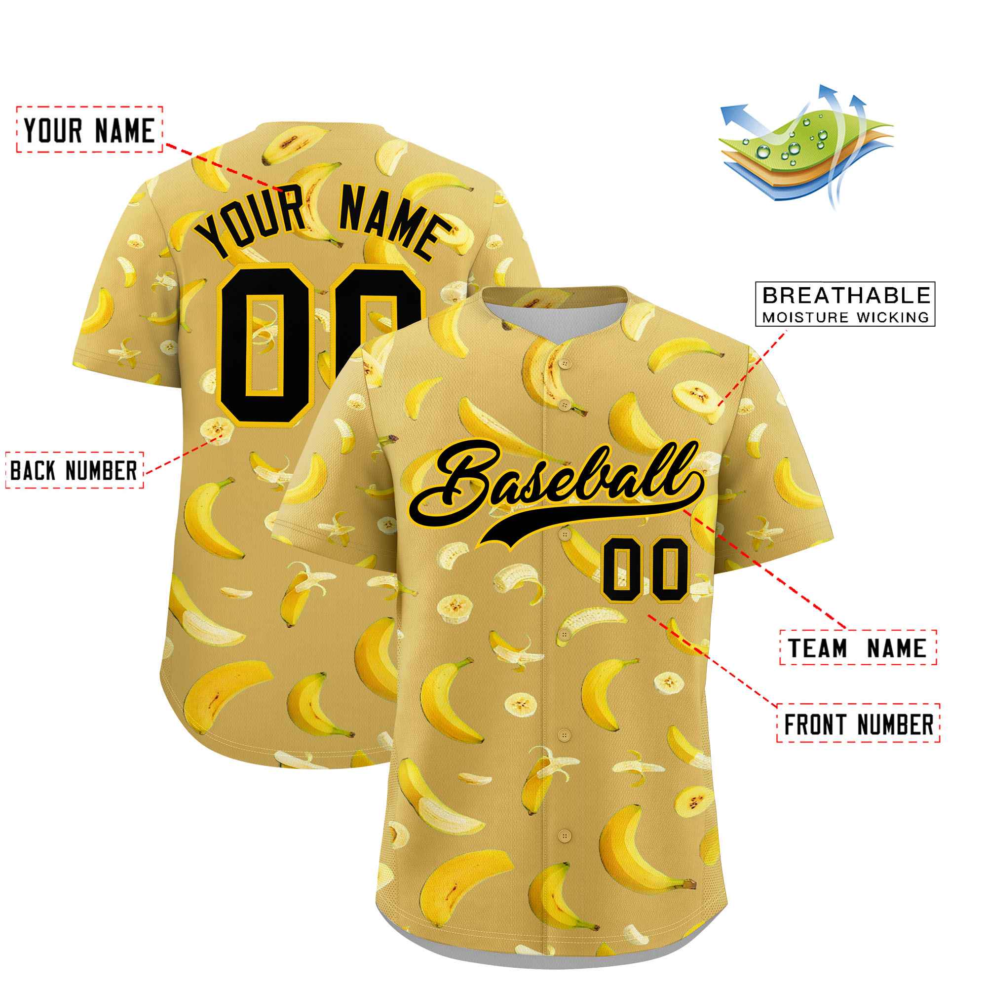 Custom Old Gold Banana Graffiti Pattern Fashion Authentic Baseball Jersey | Graffiti Pattern | Embroidery&Dye-sublimation printing | KXKSHOP