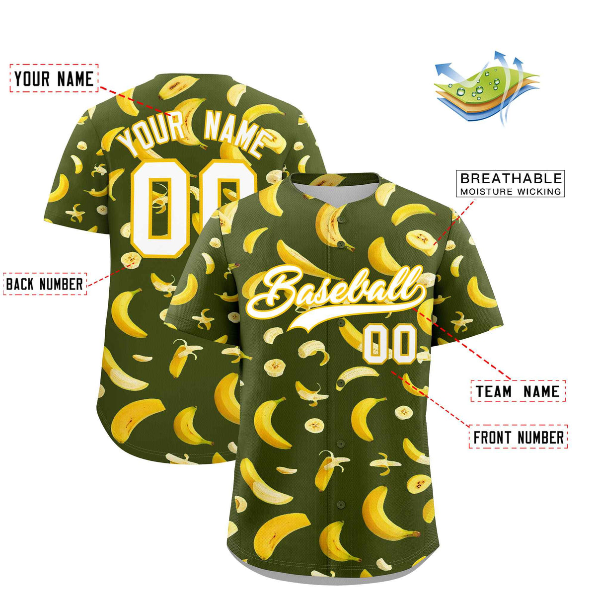 Custom Olive Banana Graffiti Pattern Fashion Authentic Baseball Jersey | Graffiti Pattern | Embroidery&Dye-sublimation printing | KXKSHOP
