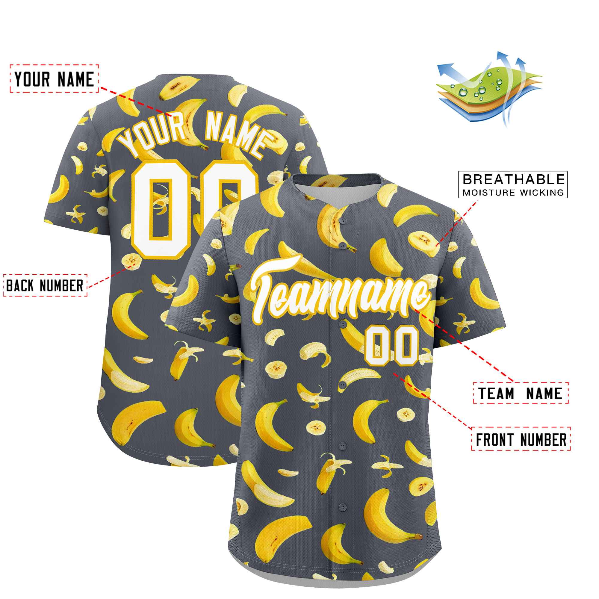 Custom Gray Banana Graffiti Pattern Fashion Authentic Baseball Jersey | Graffiti Pattern | Embroidery&Dye-sublimation printing | KXKSHOP