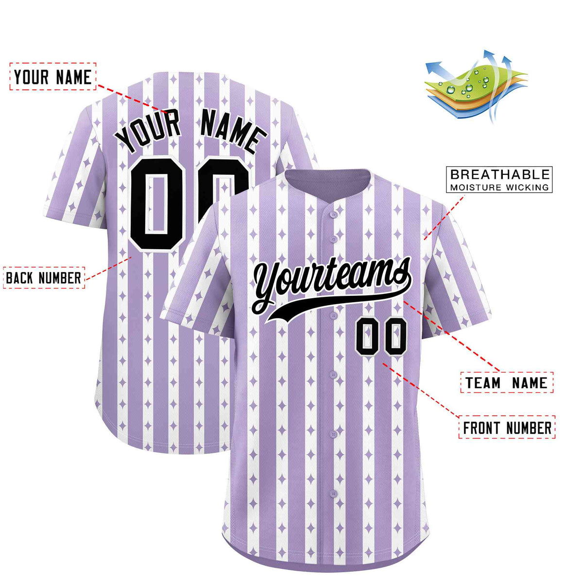 Custom Light Purple White Star Pattern Thick Stripes Baseball Jersey