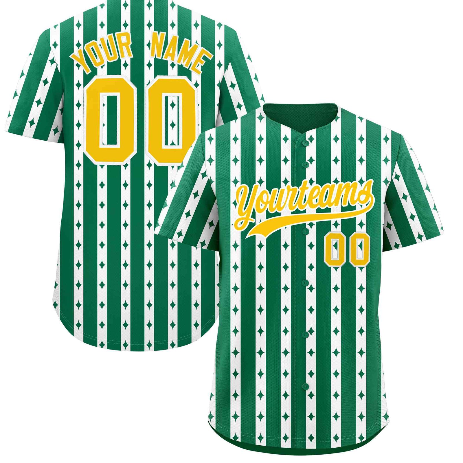 Custom Kelly Green White Star Pattern Thick Stripes Baseball Jersey