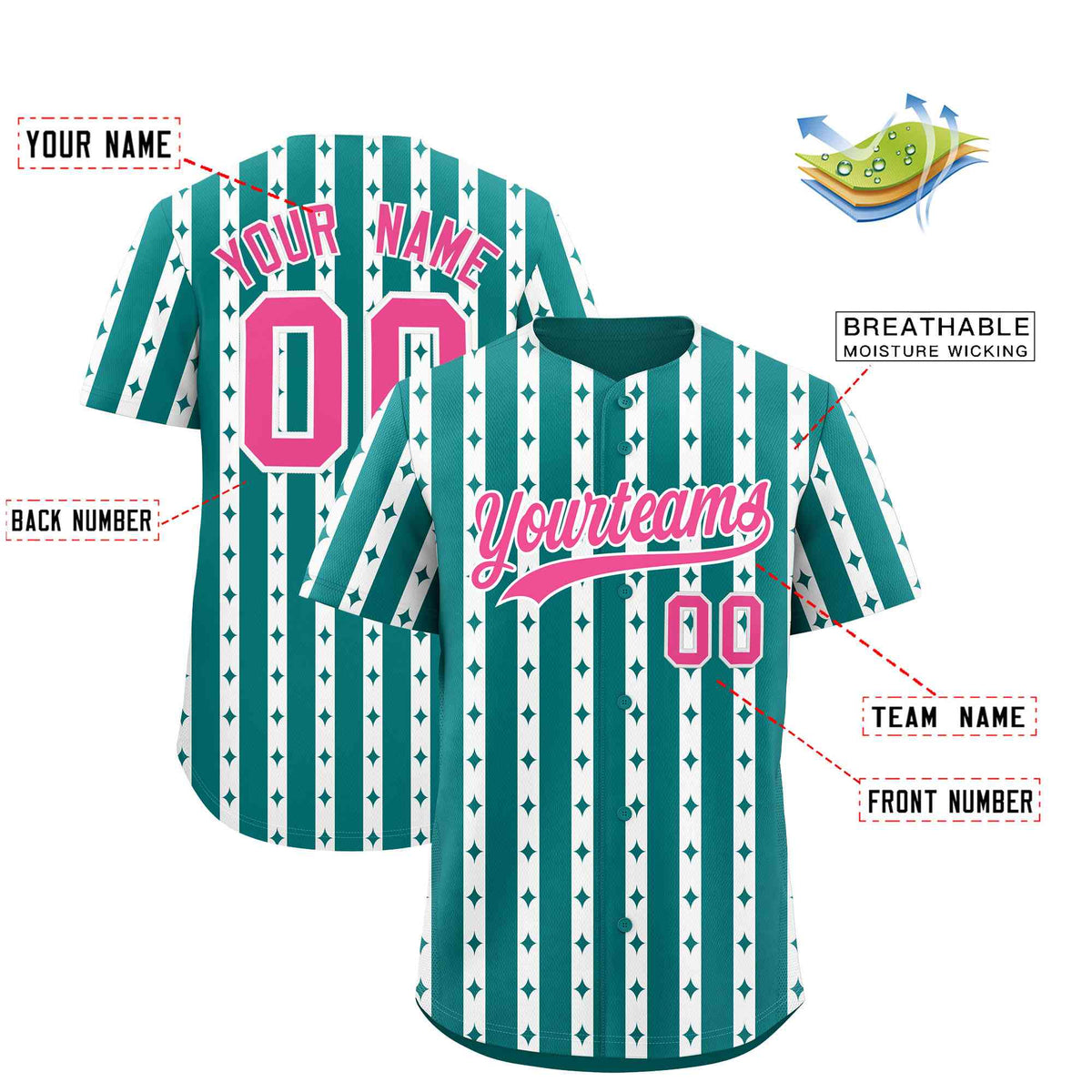 Custom Aqua White Star Pattern Thick Stripes Baseball Jersey