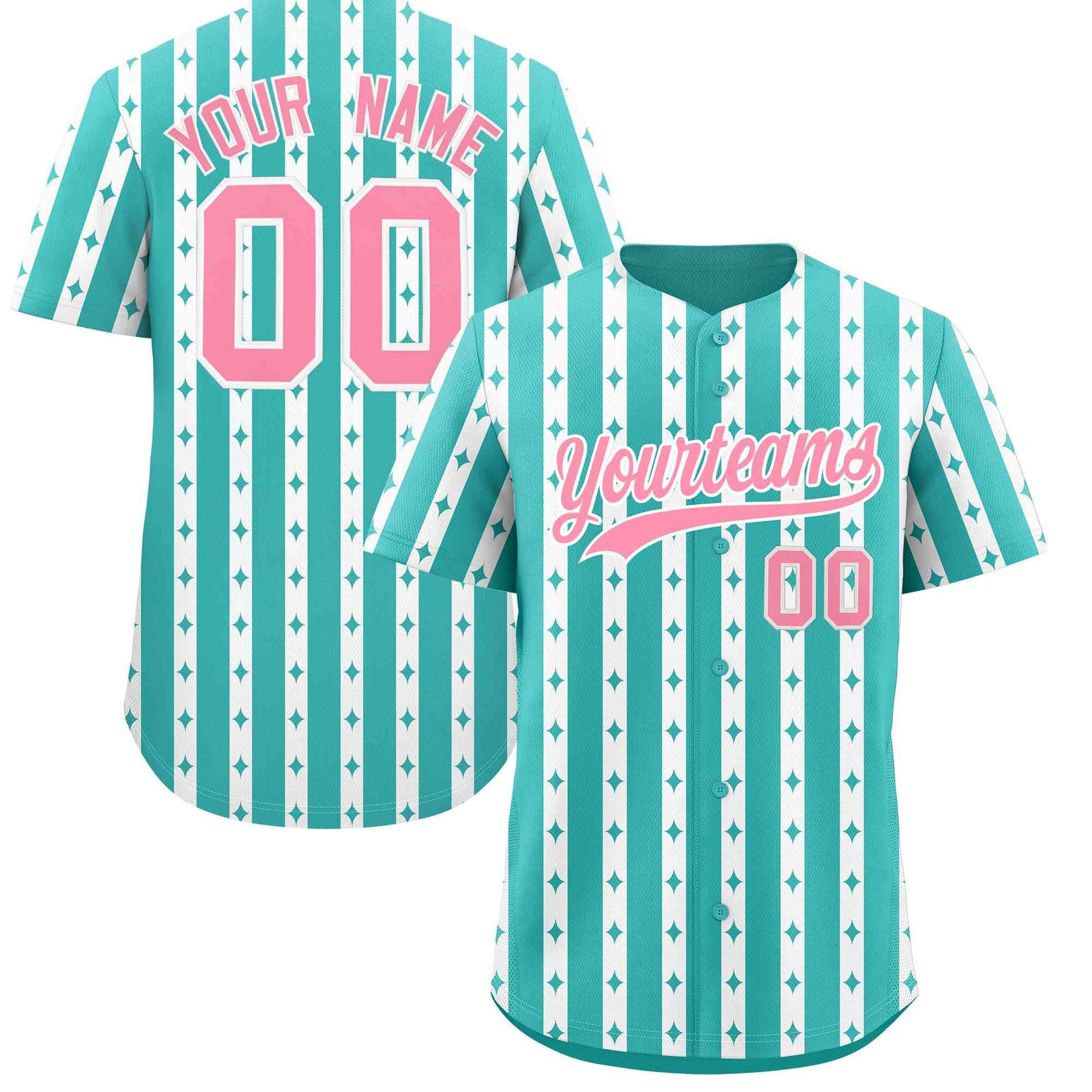 Custom Teal White Star Pattern Thick Stripes Baseball Jersey