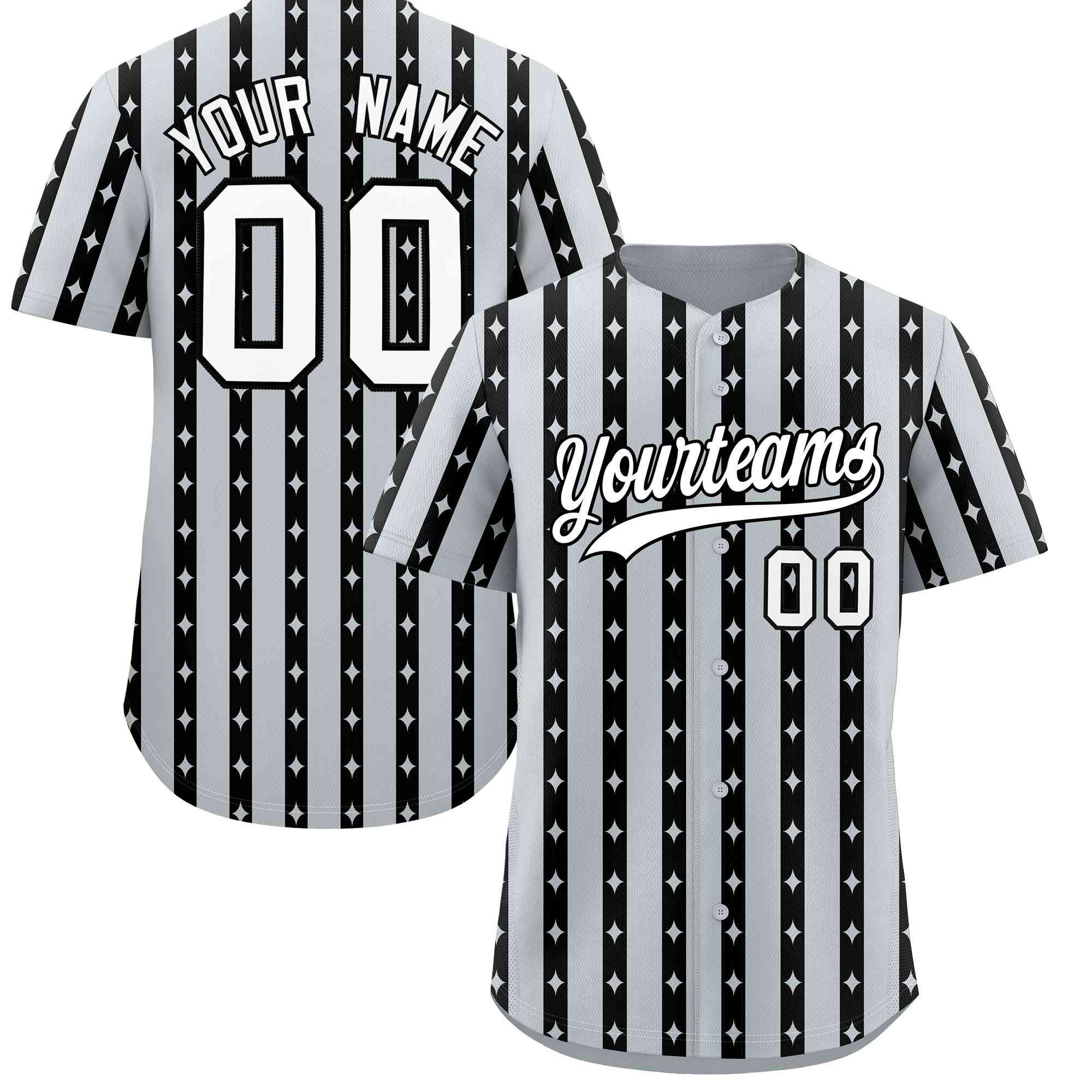 Custom Silver Black Star Pattern Thick Stripes Baseball Jersey