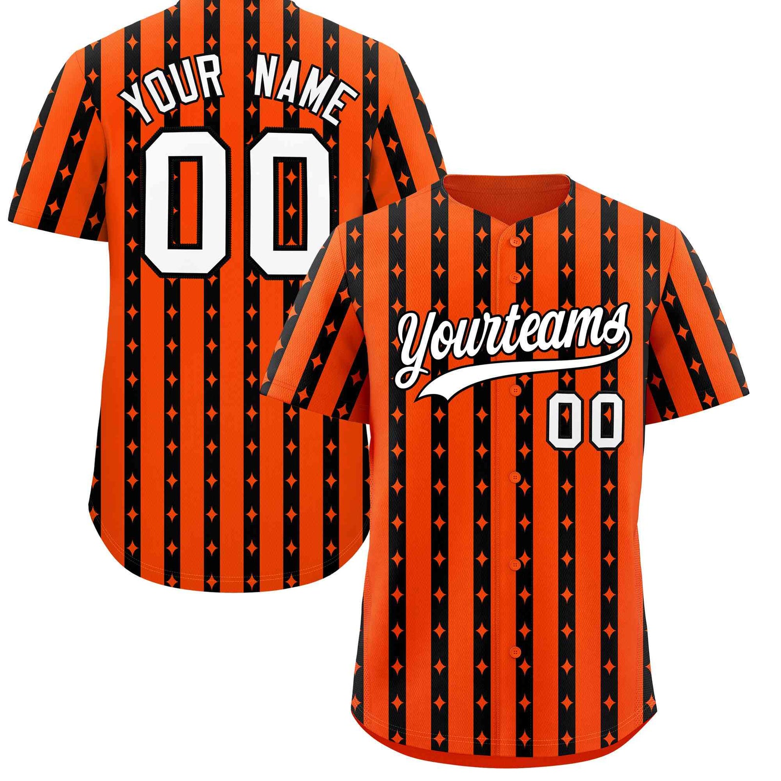 Custom Orange Black Star Pattern Thick Stripes Baseball Jersey