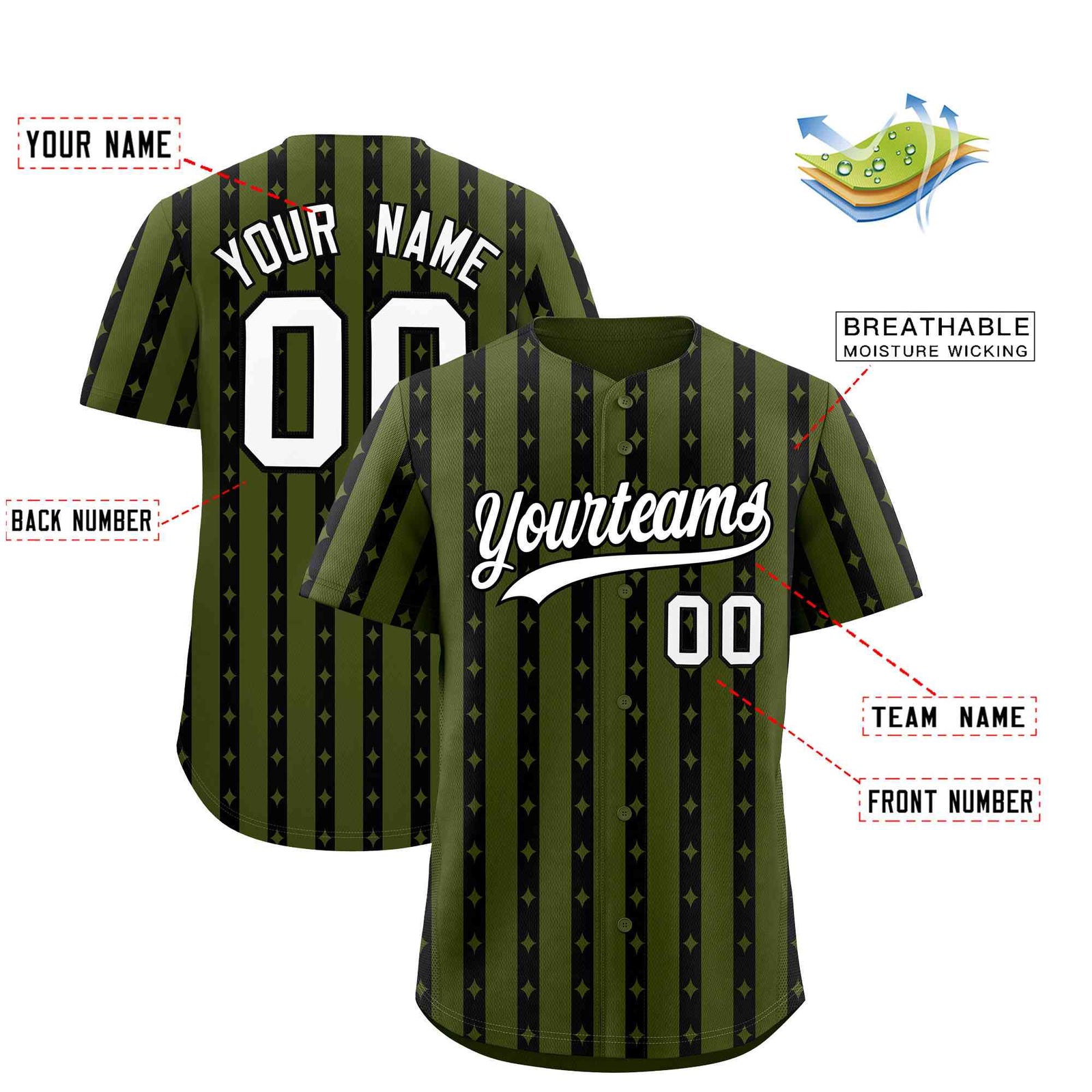 Custom Olive Black Star Pattern Thick Stripes Baseball Jersey