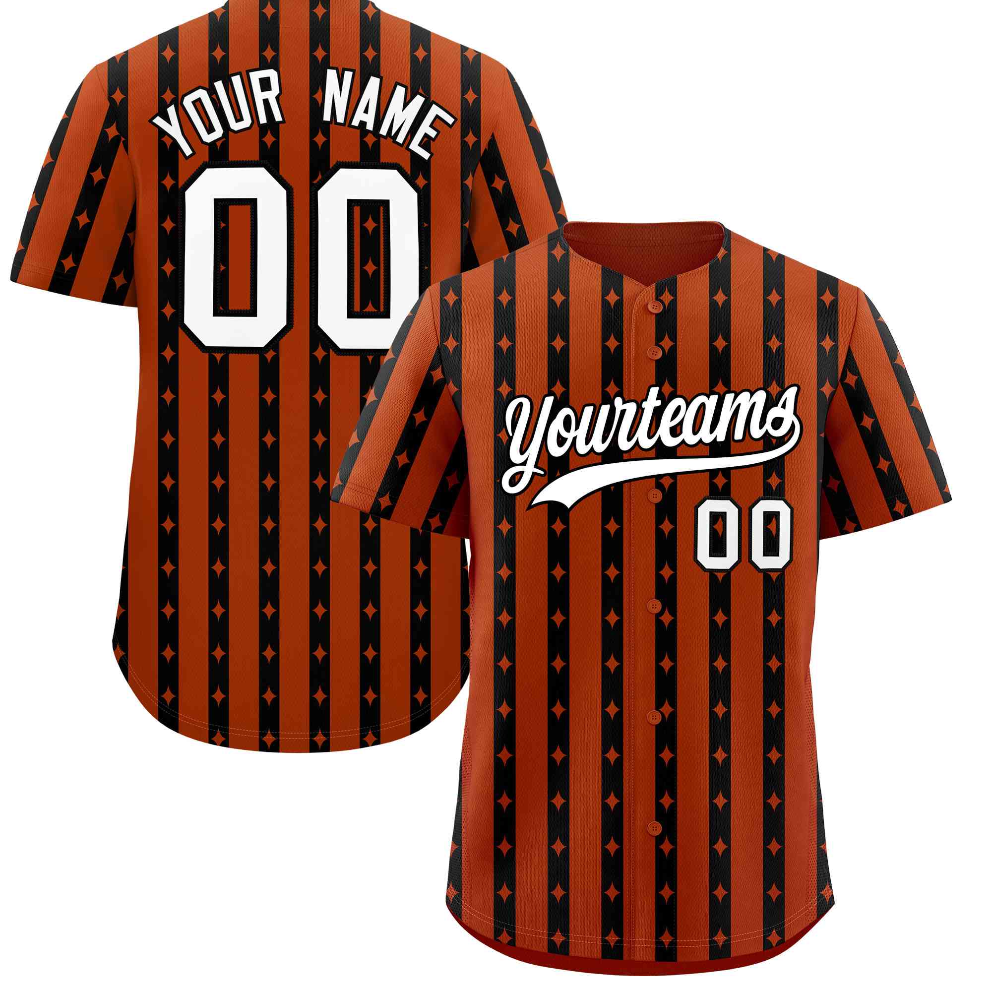 Custom Dark Orange Black Star Pattern Thick Stripes Baseball Jersey